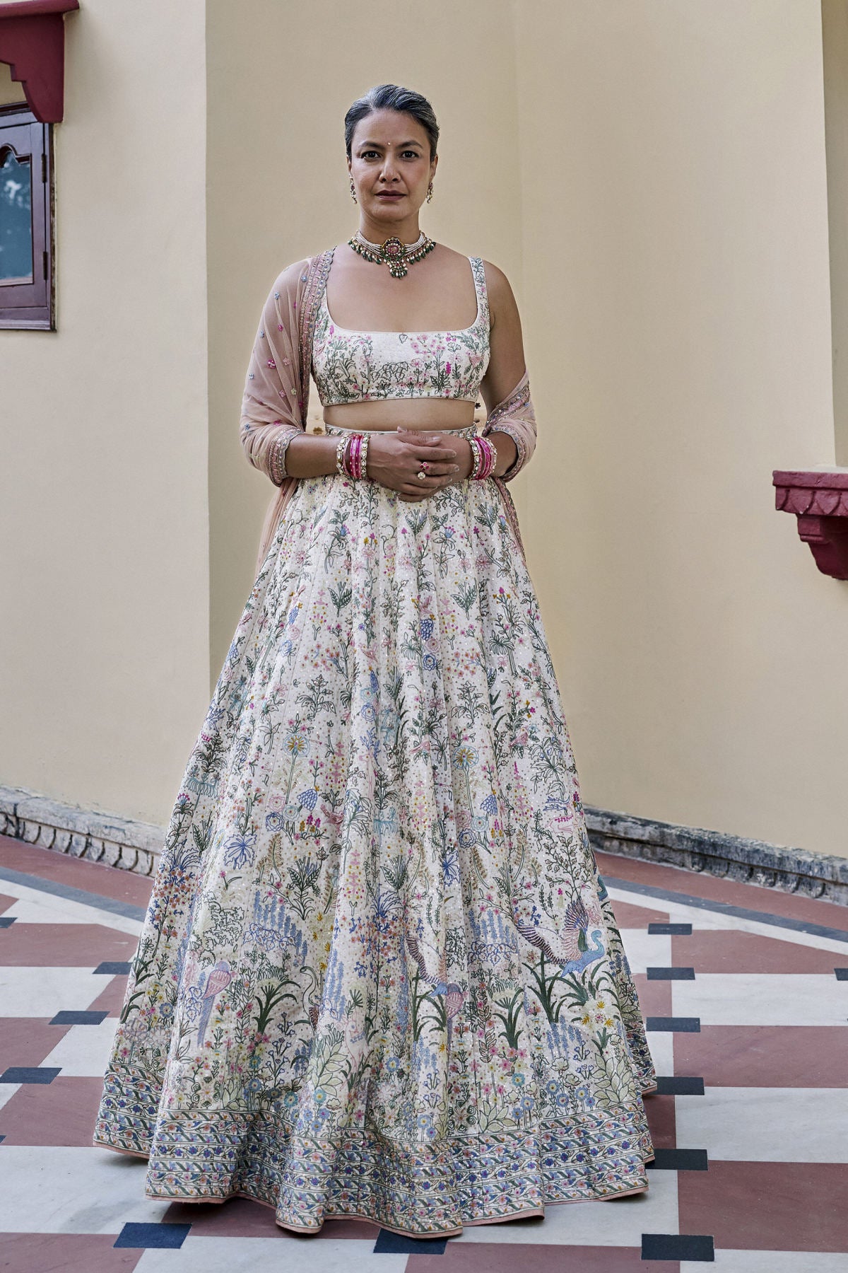 Luminous Embroidered Zardozi Silk Lehenga Set - Ivory
