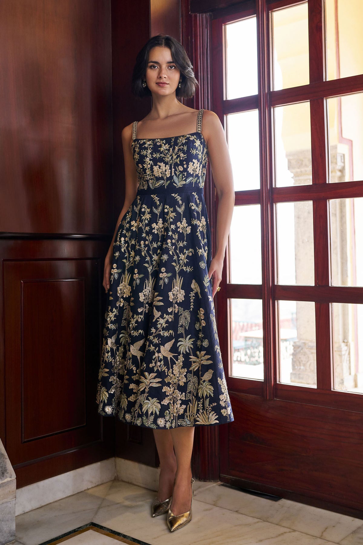 Sonnet Embroidered Zardozi Silk Dress - Navy