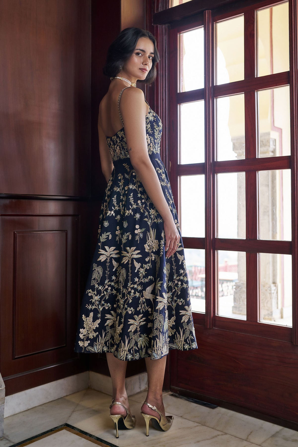 Sonnet Embroidered Zardozi Silk Dress - Navy