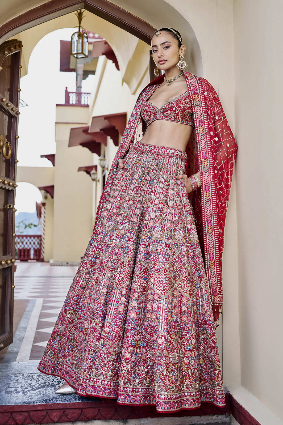Embrace Embroidered Zardozi Silk Lehenga Set - Red
