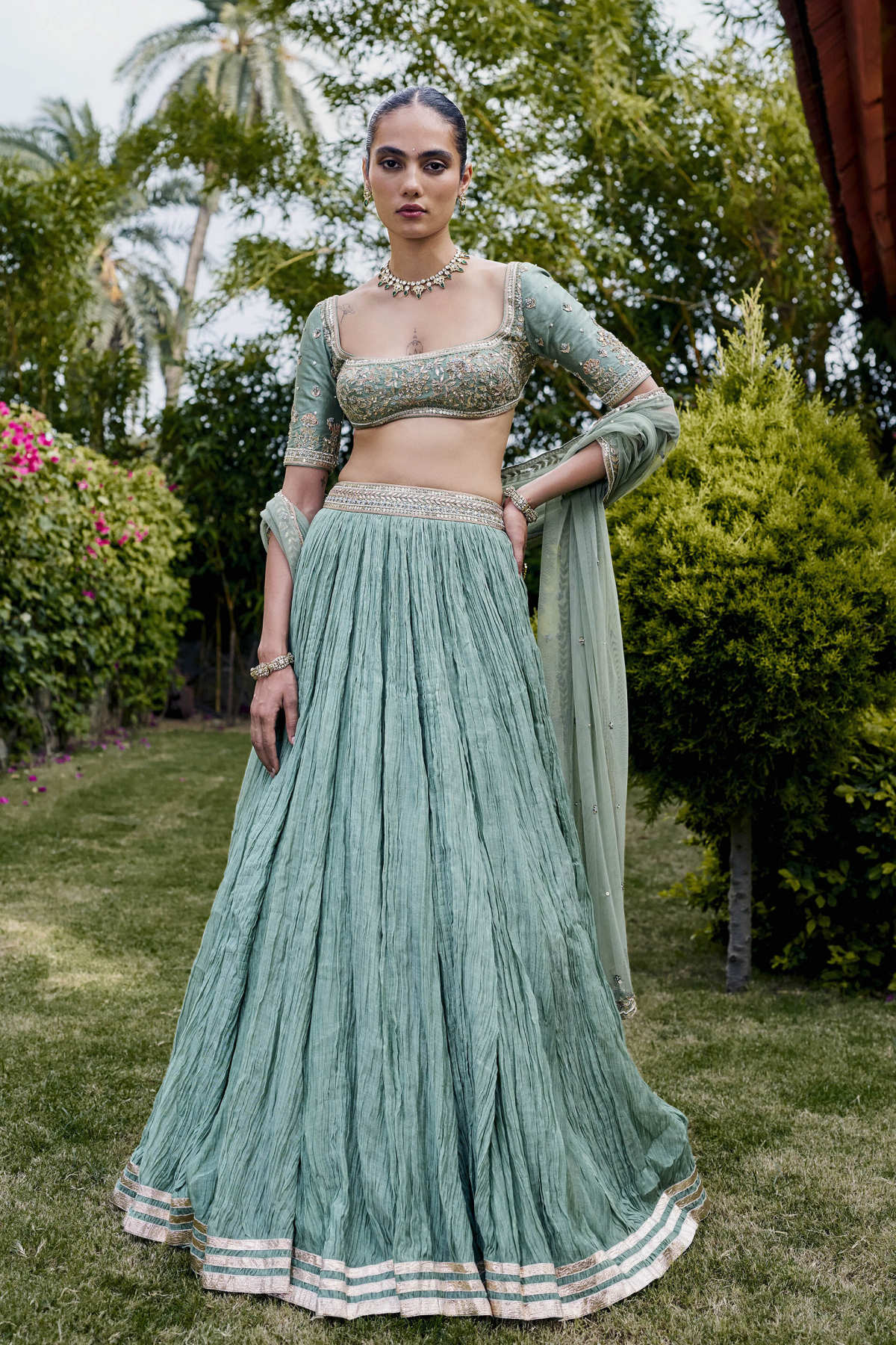 Homeland Gota Patti Mul Lehenga Set - Sage