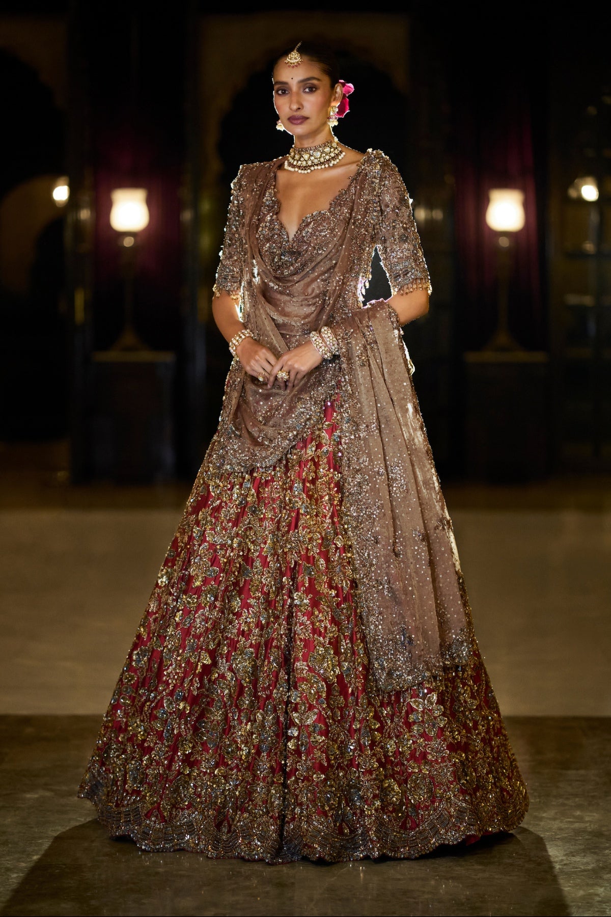 Antique Gold Maroon Lehenga Set