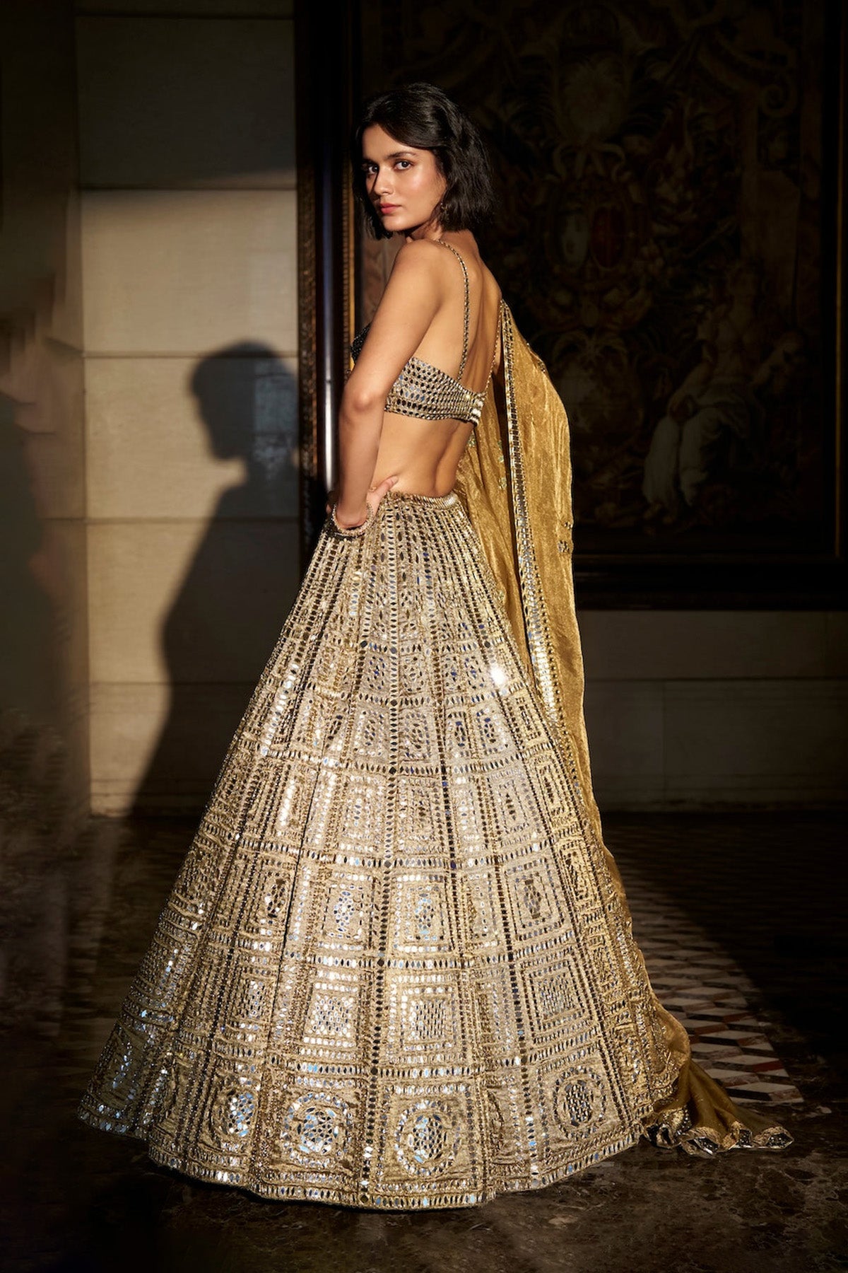 Antique Gold Mirror Work Lehenga Set