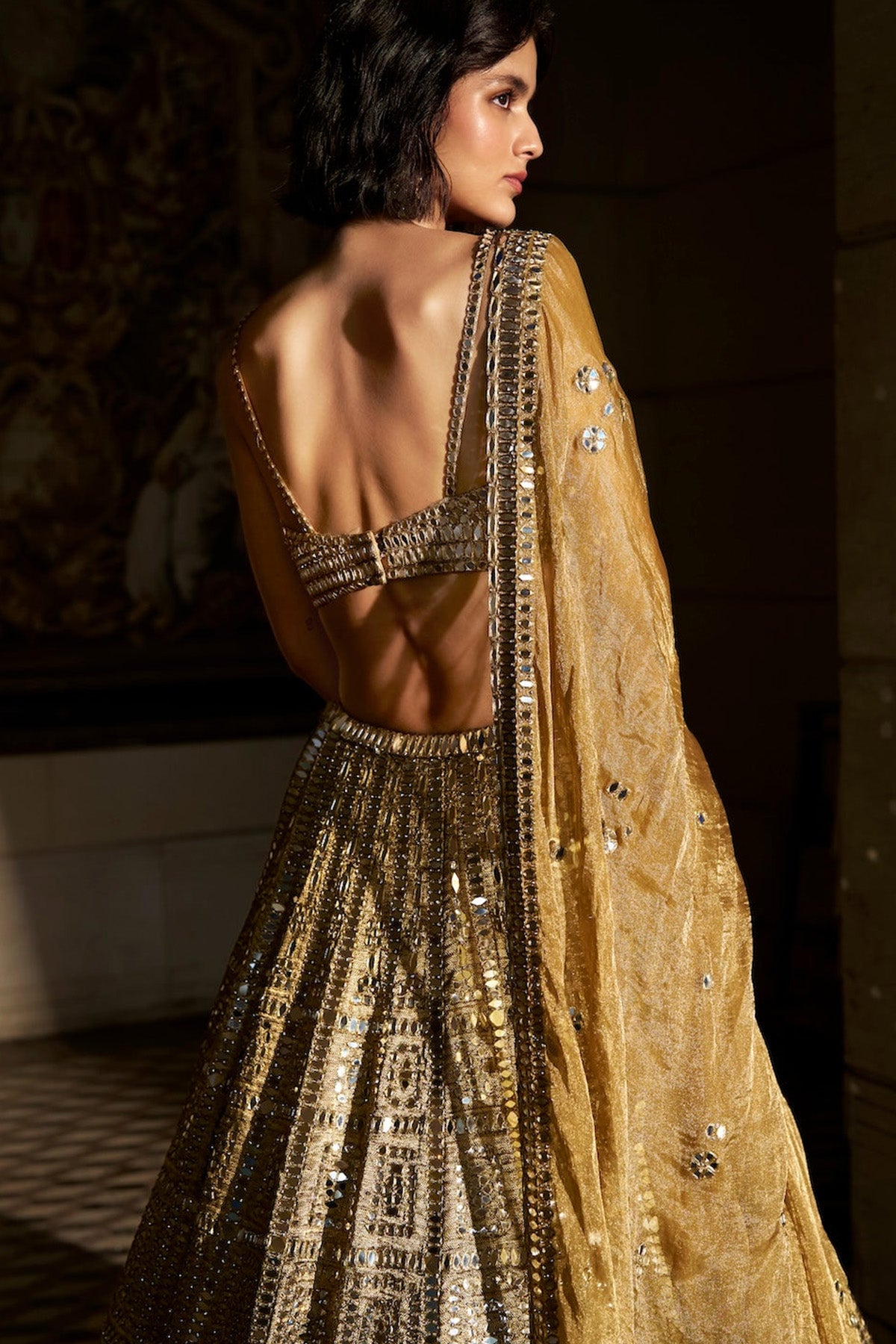 Antique Gold Mirror Work Lehenga Set