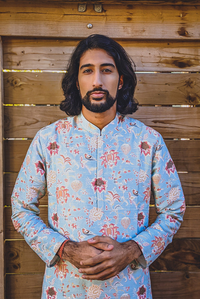 AQUA CHIDIYA PRINT DUPION SILK KURTA WITH OFF WHITE COTTON SILK CHURIDAR