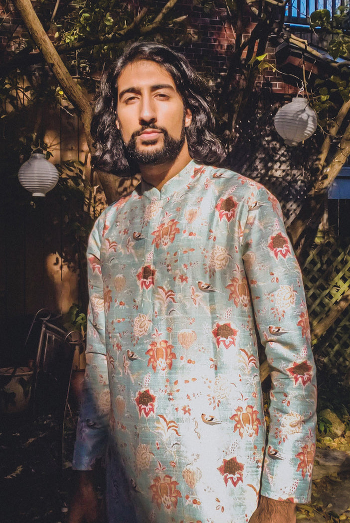 AQUA CHIDIYA PRINT DUPION SILK KURTA WITH OFF WHITE COTTON SILK CHURIDAR