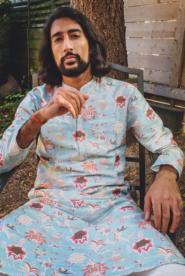 AQUA CHIDIYA PRINT DUPION SILK KURTA WITH OFF WHITE COTTON SILK CHURIDAR