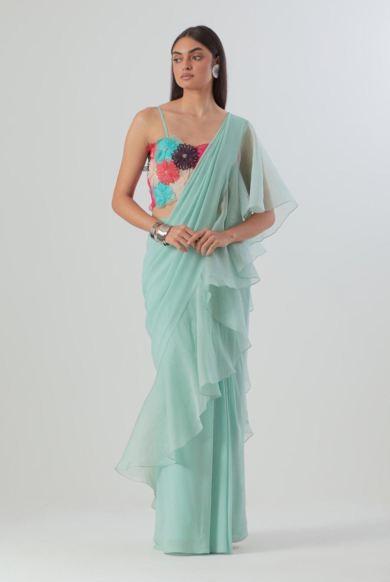 Aqua Embroidered Choli And Saree With Ruffle Pallu