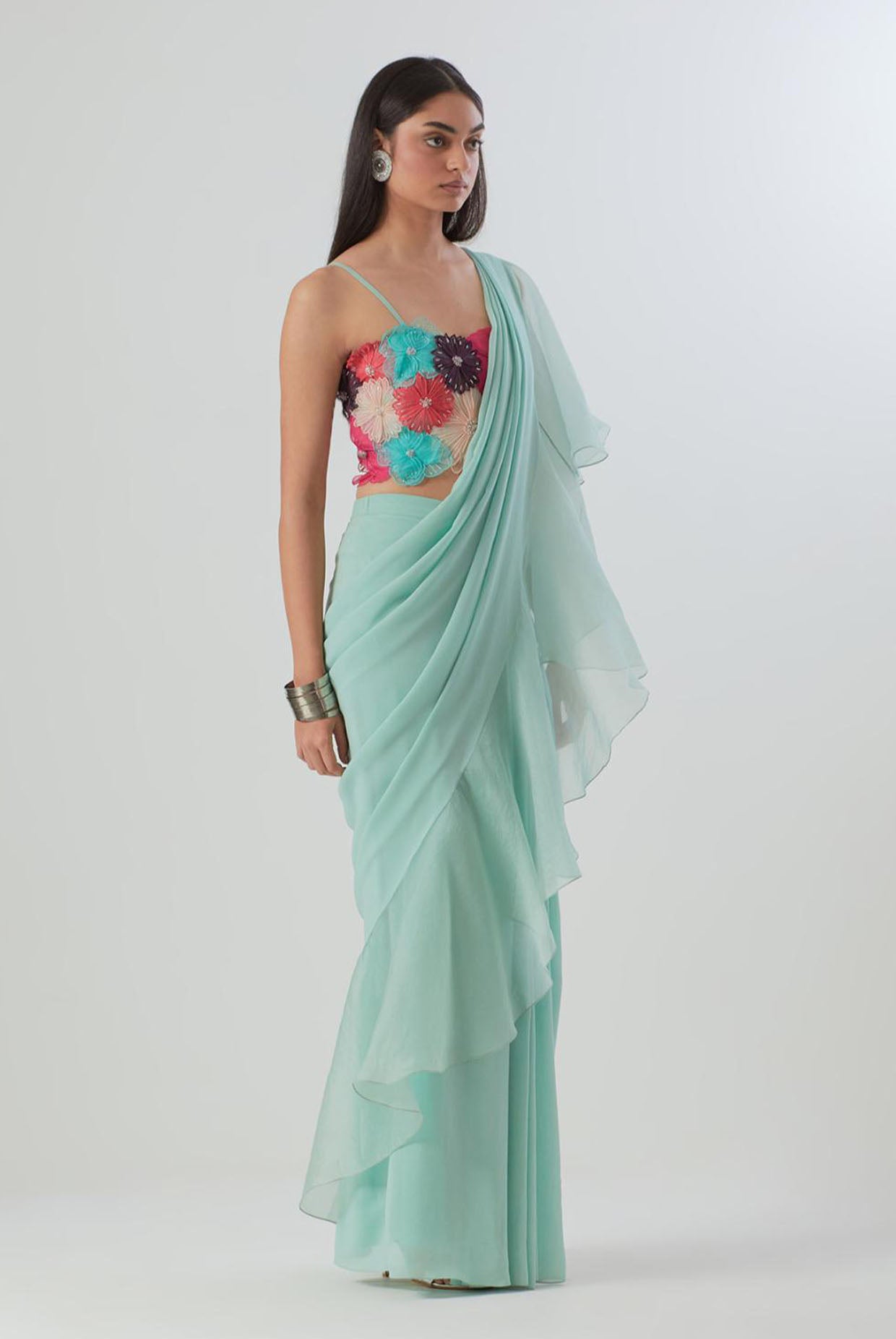 Aqua Embroidered Choli And Saree With Ruffle Pallu