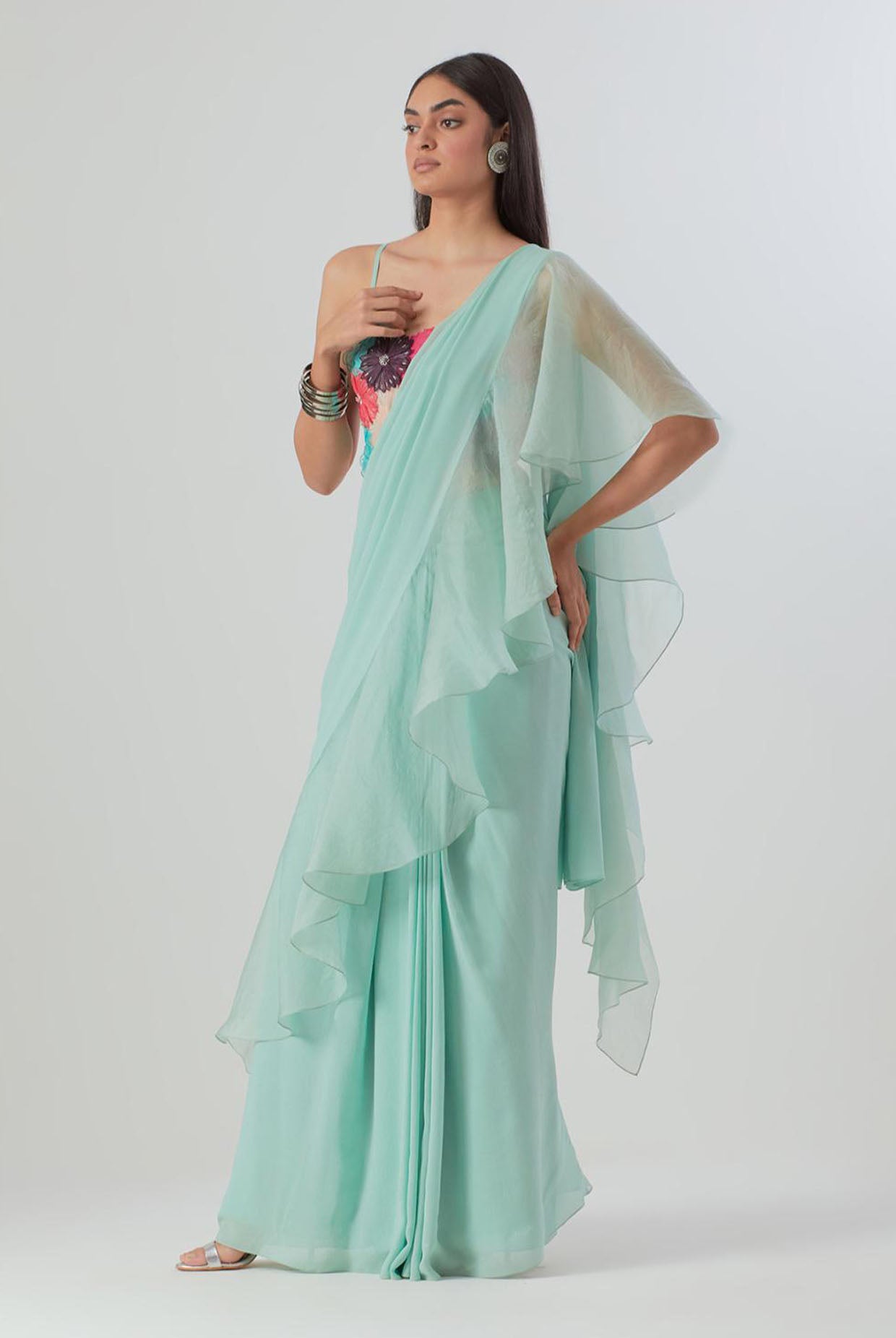 Aqua Embroidered Choli And Saree With Ruffle Pallu