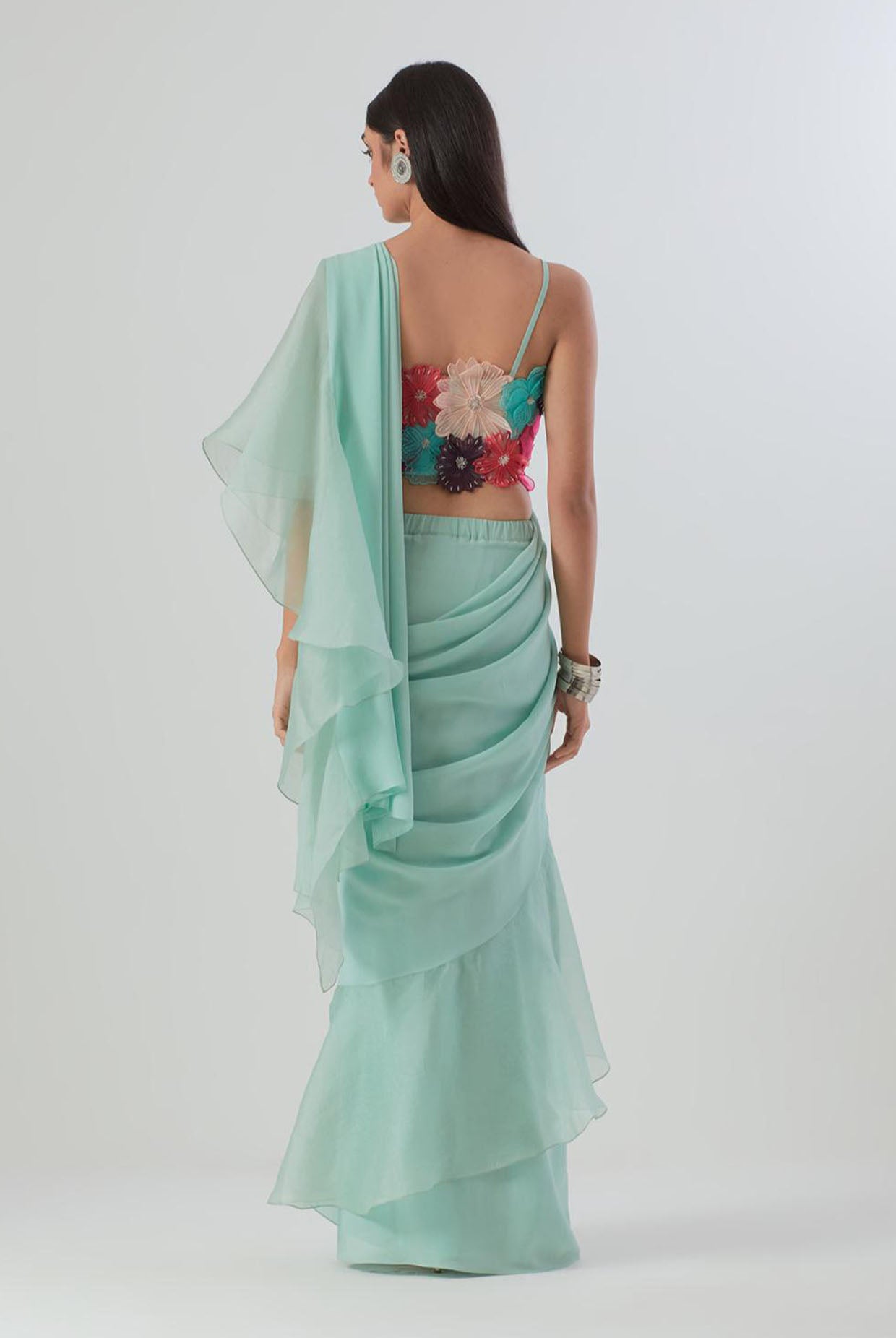 Aqua Embroidered Choli And Saree With Ruffle Pallu