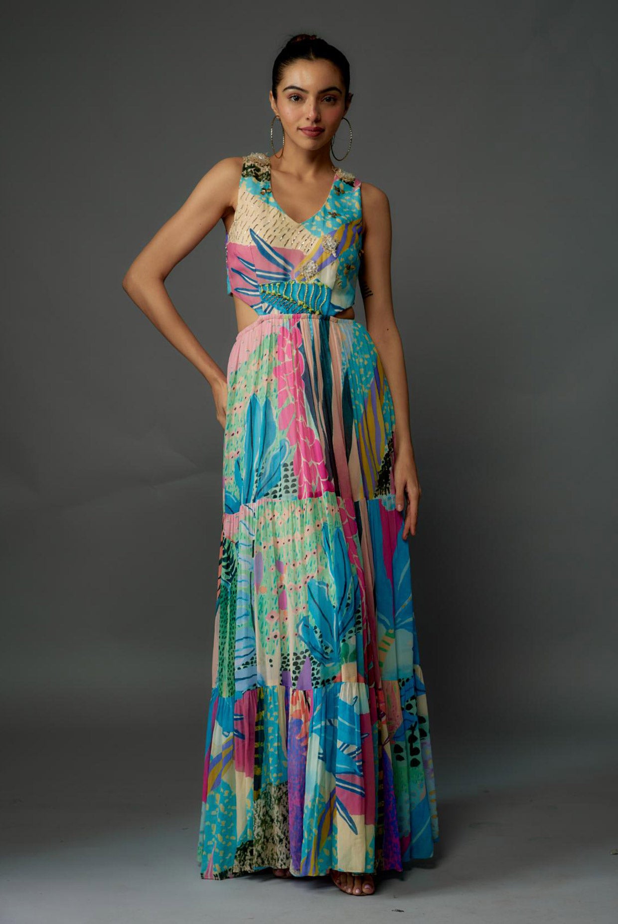 Aqua Tropical Print Art Georgette Embroidered Cut-Out Dress