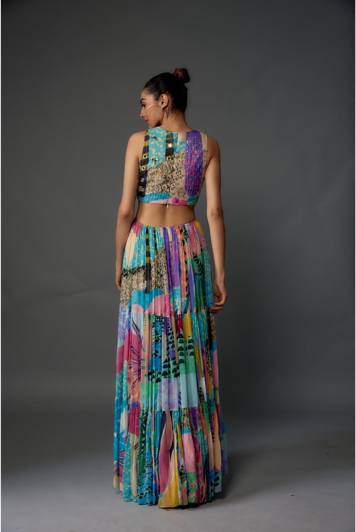 Aqua Tropical Print Art Georgette Embroidered Cut-Out Dress