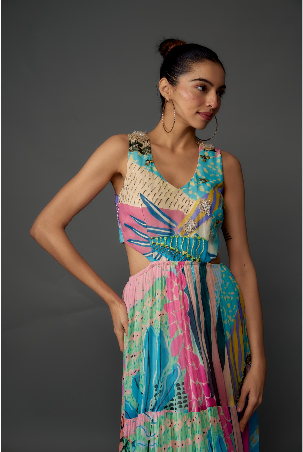 Aqua Tropical Print Art Georgette Embroidered Cut-Out Dress