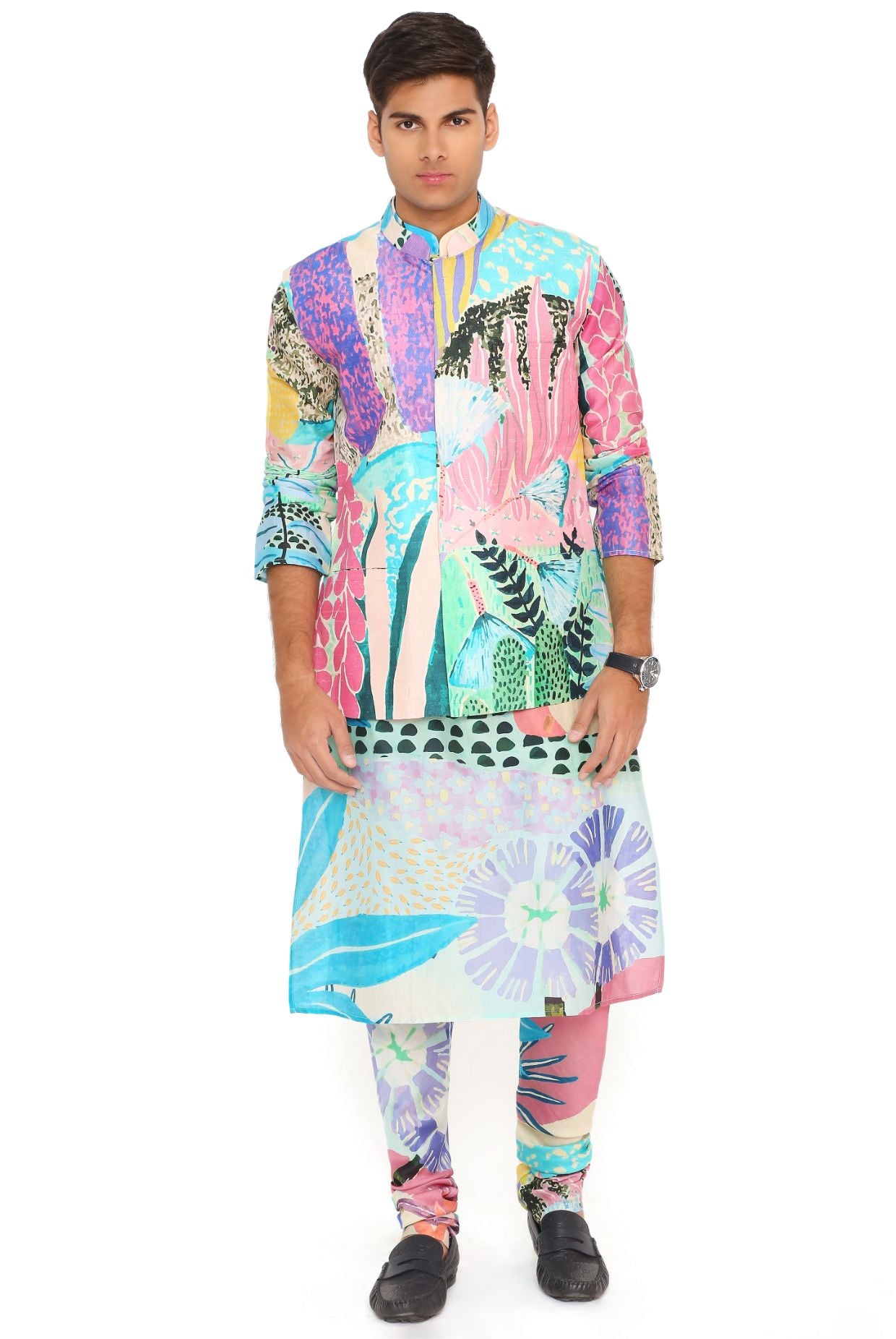 AQUA TROPICAL PRINT DUPION SILK BANDI WITH SILKMUL KURTA AND CHURIDAR