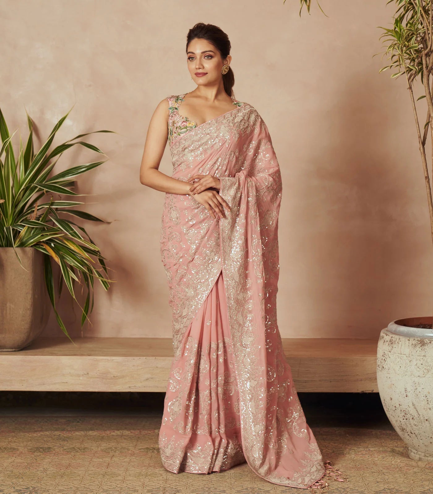 PINK GEORGETTE EMBROIDERED DAAVARI SAREE
