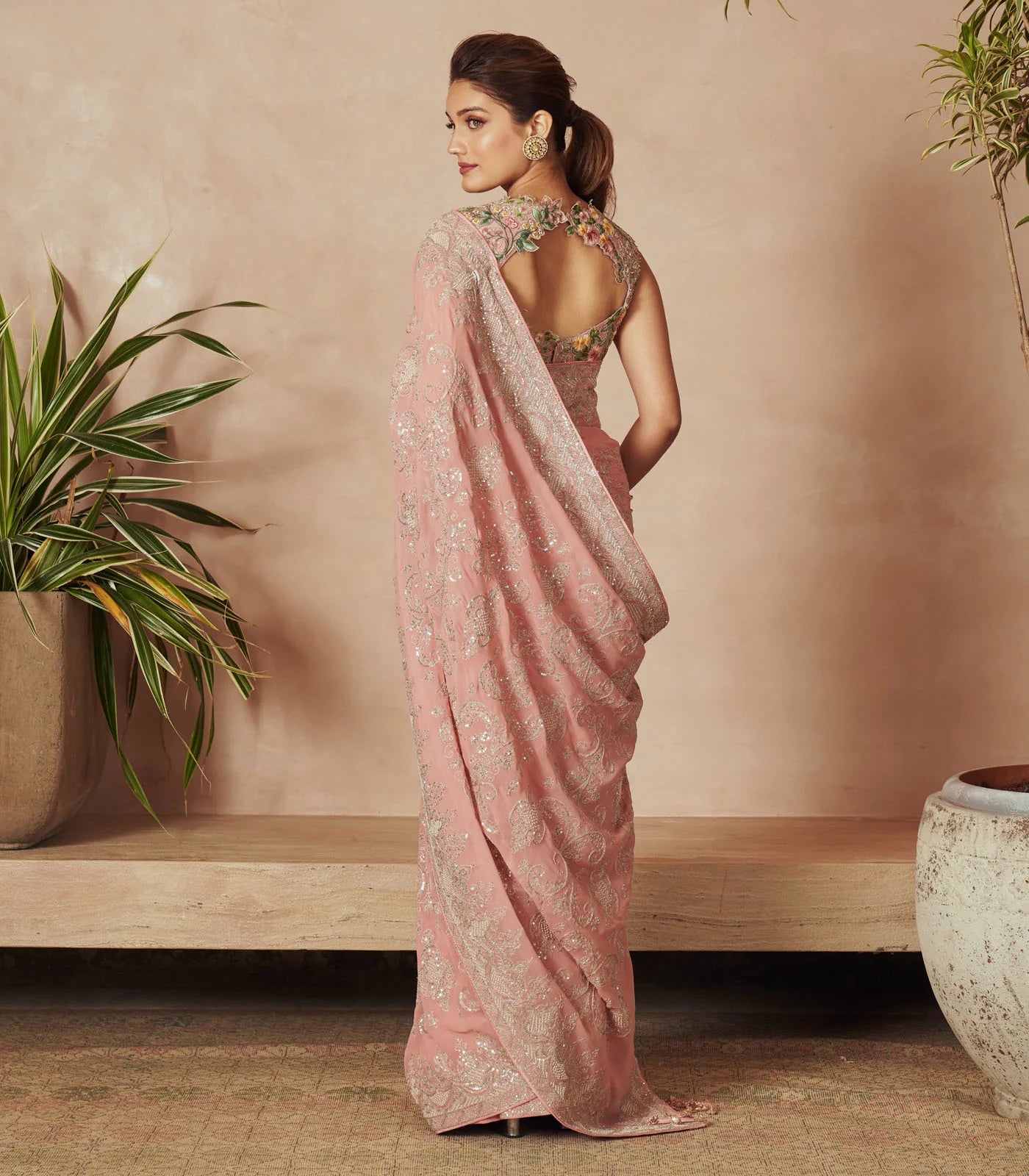 PINK GEORGETTE EMBROIDERED DAAVARI SAREE
