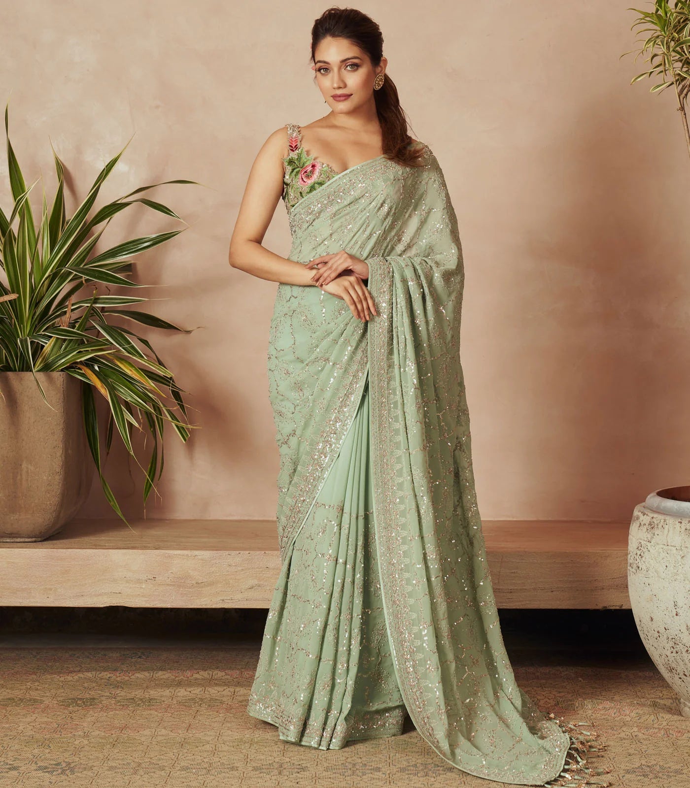 POWDER BLUE EMBROIDERED DAAVARI SAREE