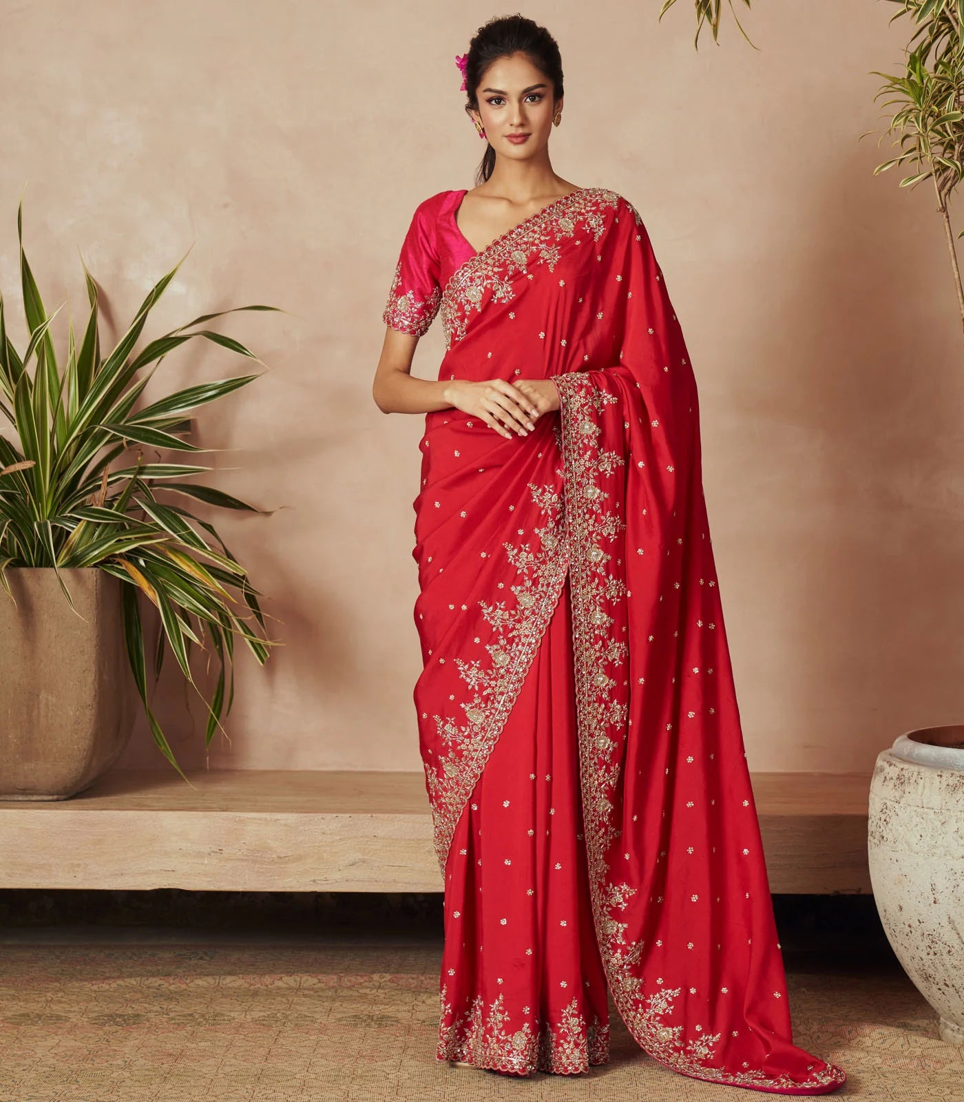 RED DUPION SILK CREEPER SAREE