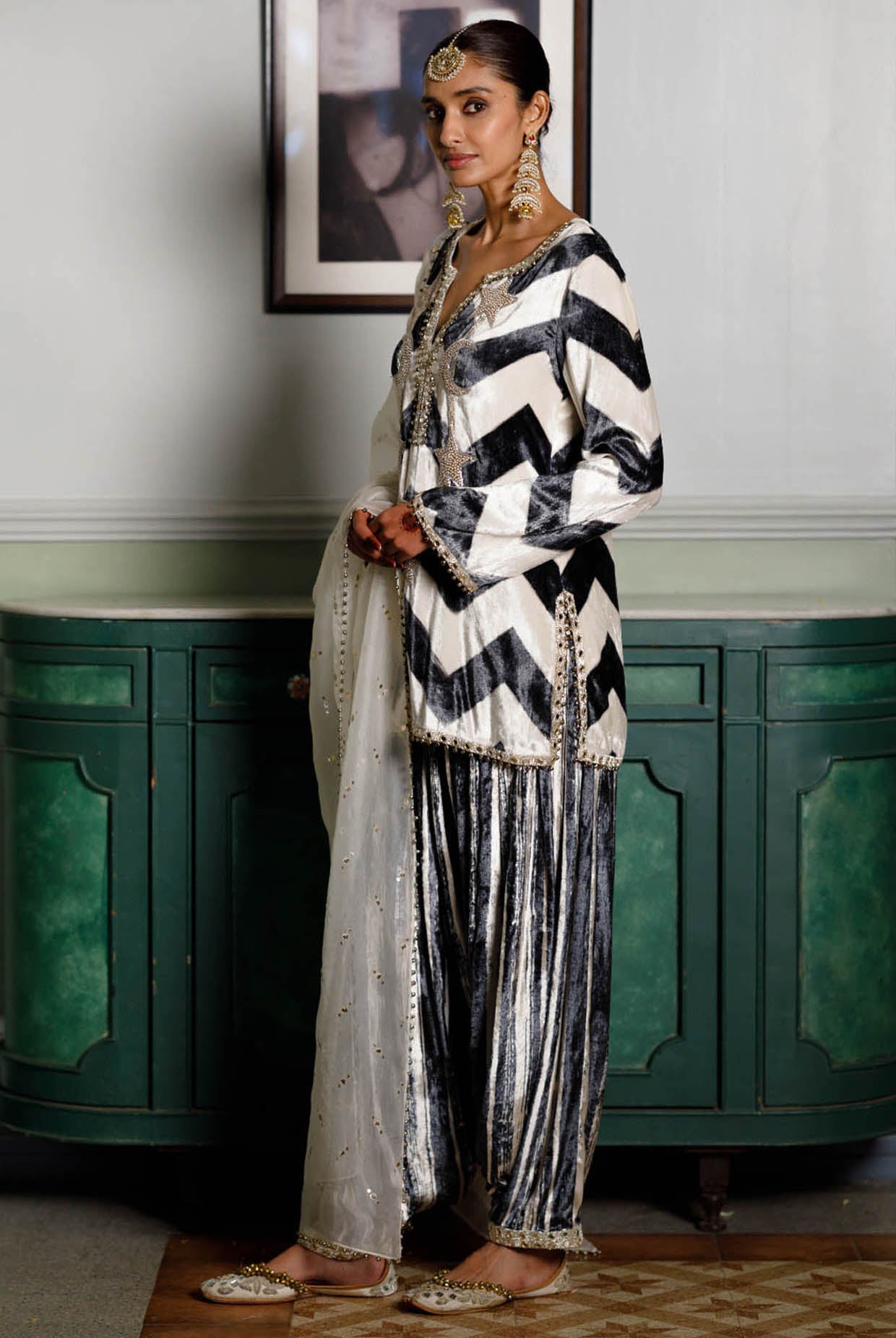 Asfi Black & White Embroidered Kurta And Patiala Salwar With Dupatta