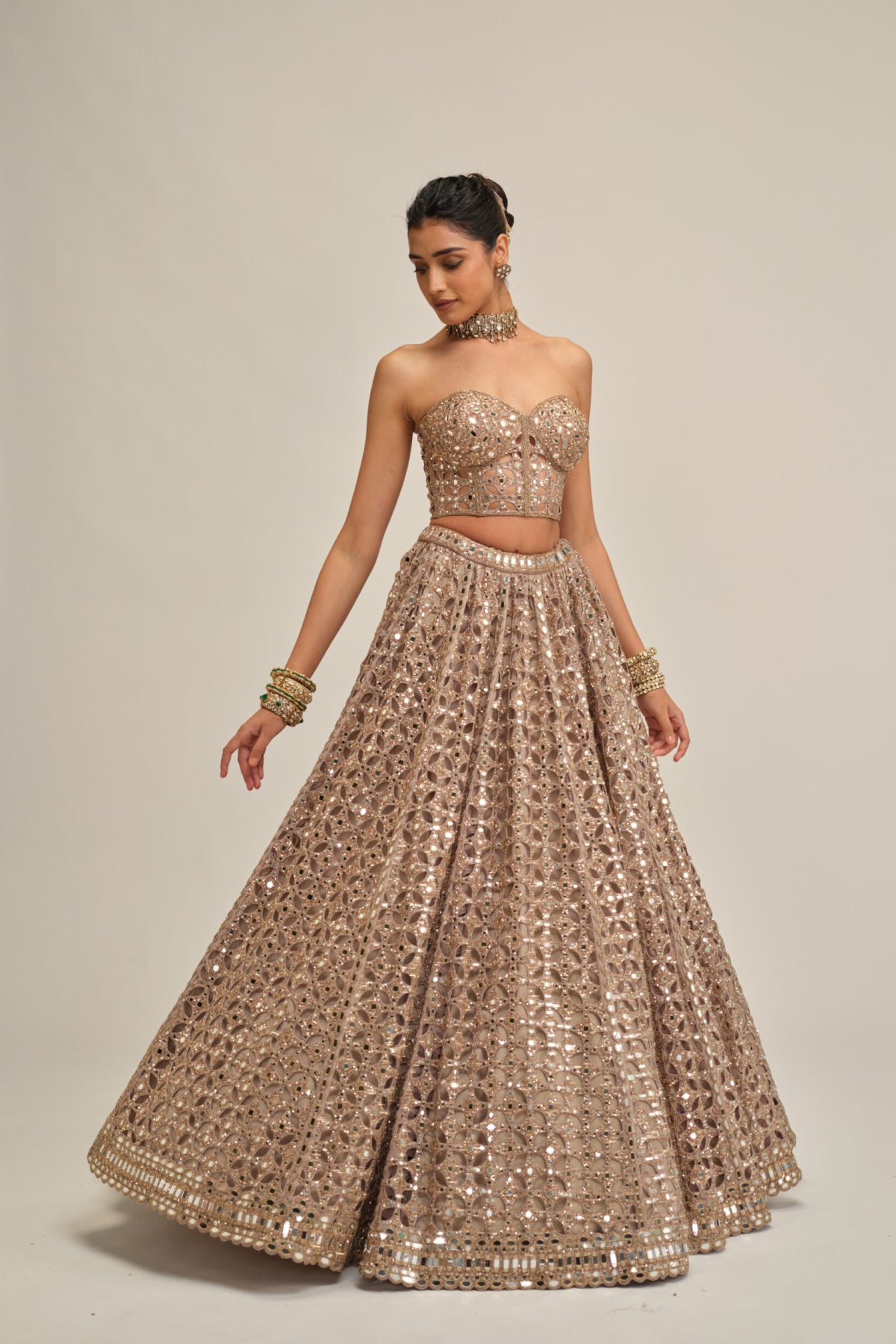 Ash Pink Circular Cutwork Crop Top Skirt Set