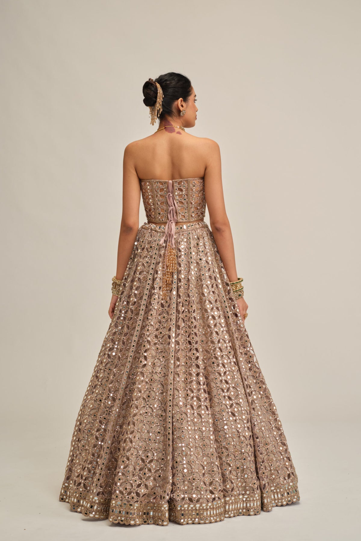 Ash Pink Circular Cutwork Crop Top Skirt Set