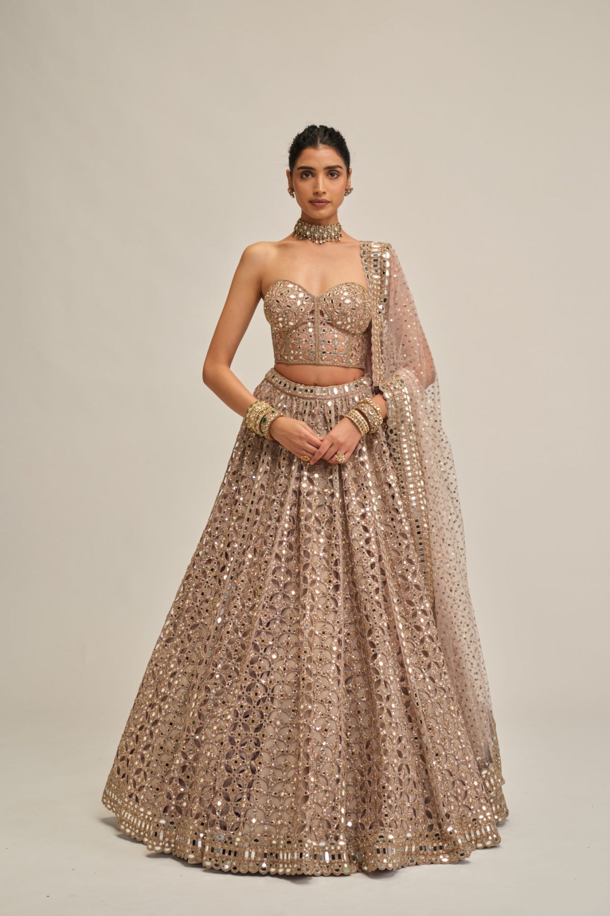 Ash Pink Circular Cutwork Lehenga With Corset Set