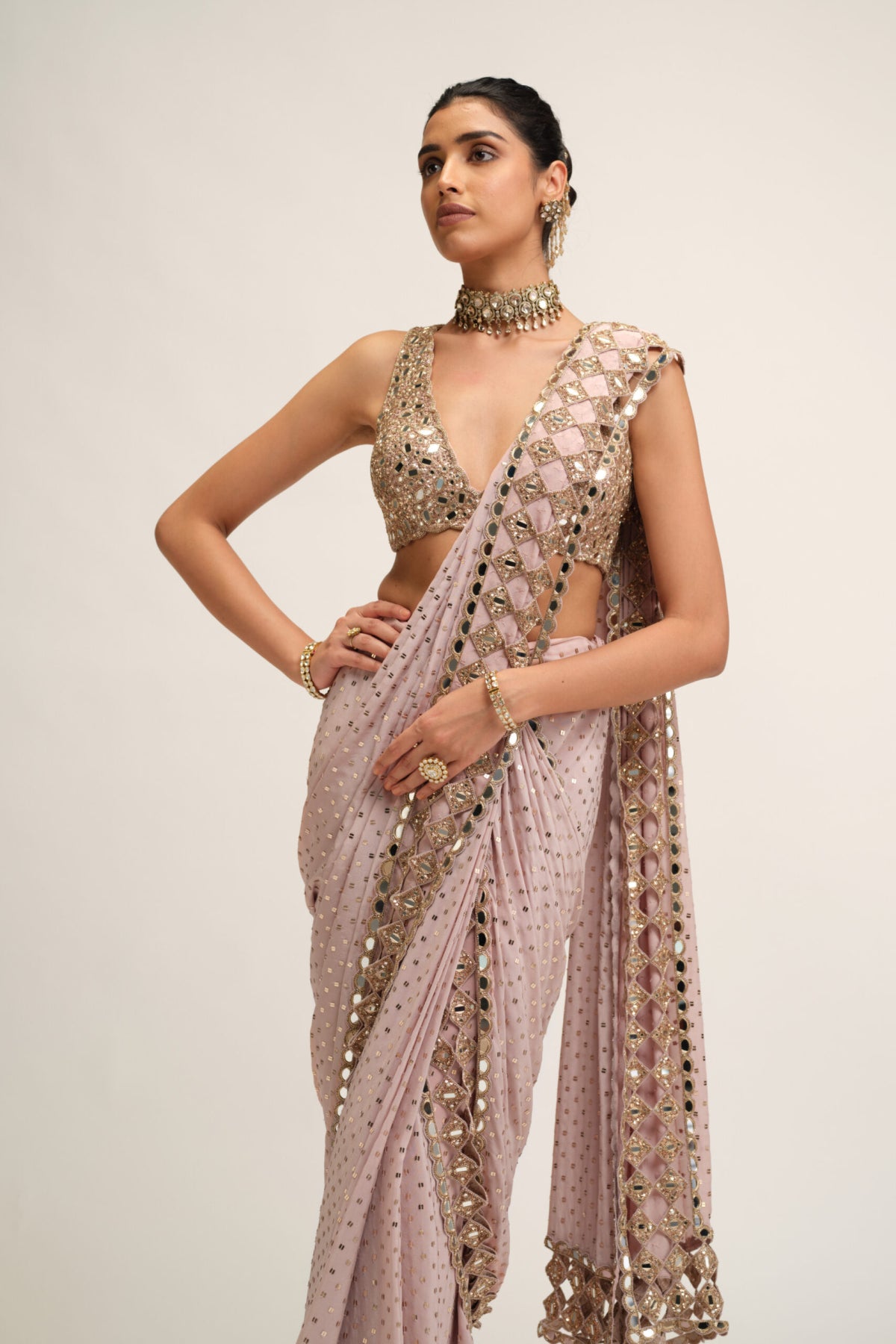 Ash Pink Cutwork Border Saree Set