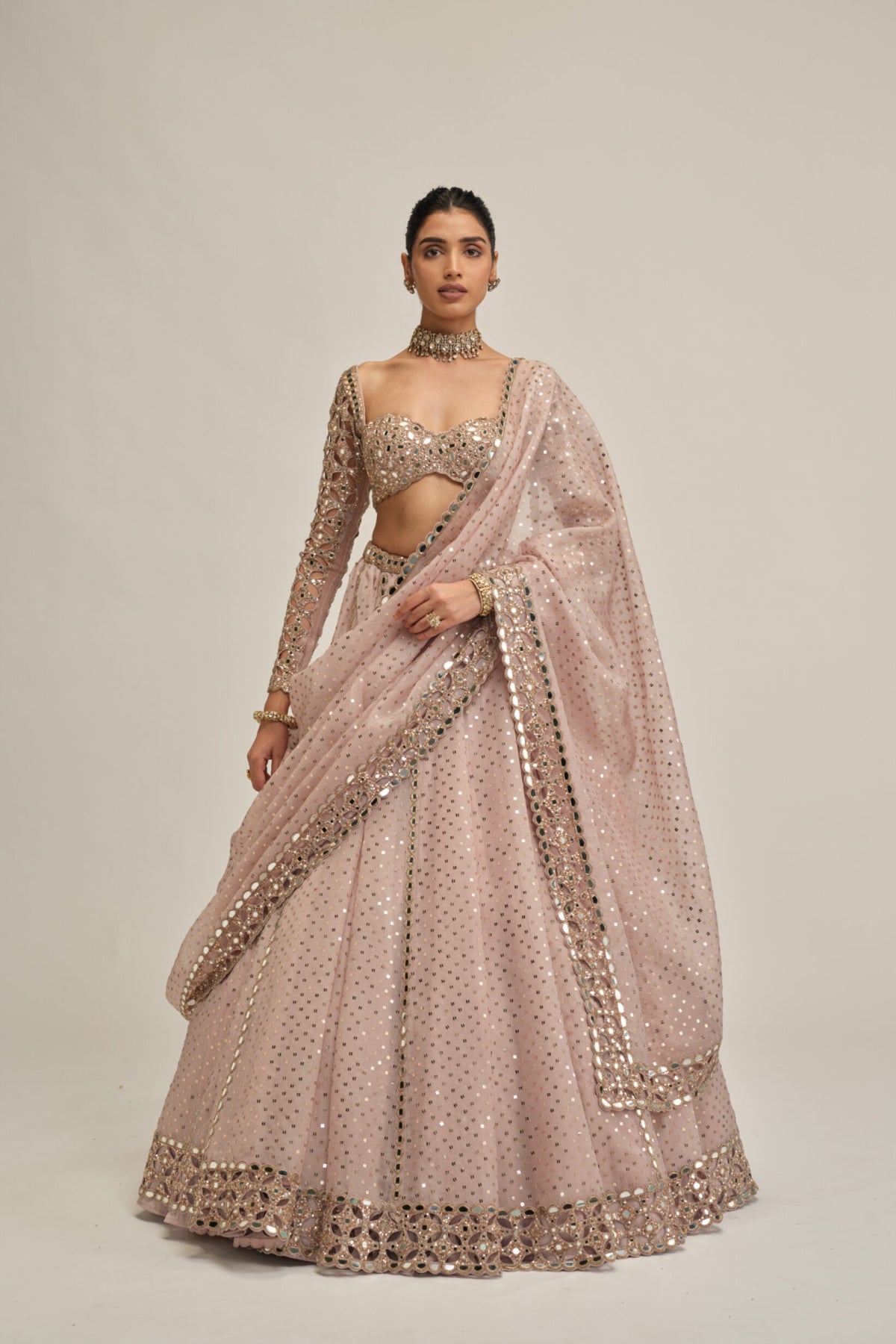 Ash Pink Cutwork Sleeve Lehenga Set