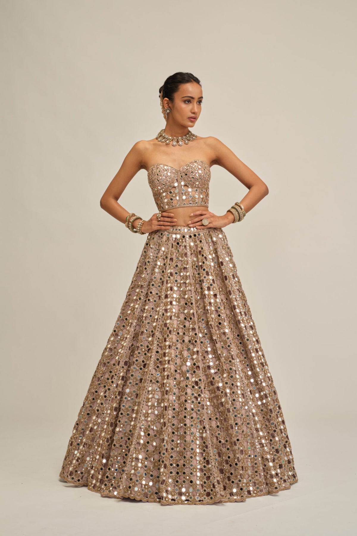 Ash Pink Dense Big Mirror Cutwork Crop Top Skirt Set