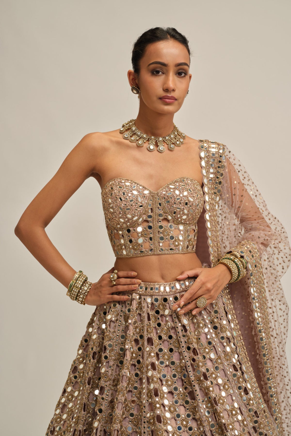 Ash Pink Dense Big Mirror Cutwork Lehenga With Corset Set