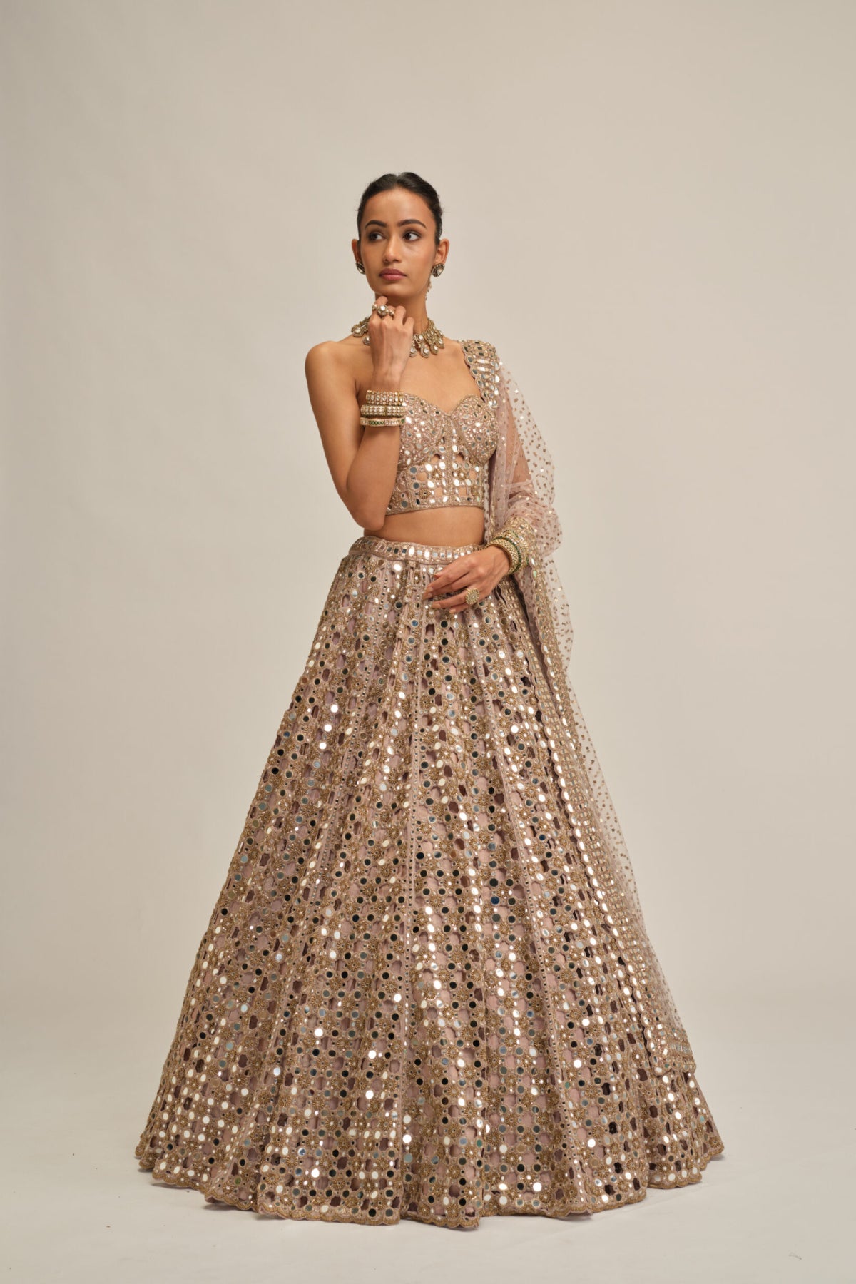 Ash Pink Dense Big Mirror Cutwork Lehenga With Corset Set