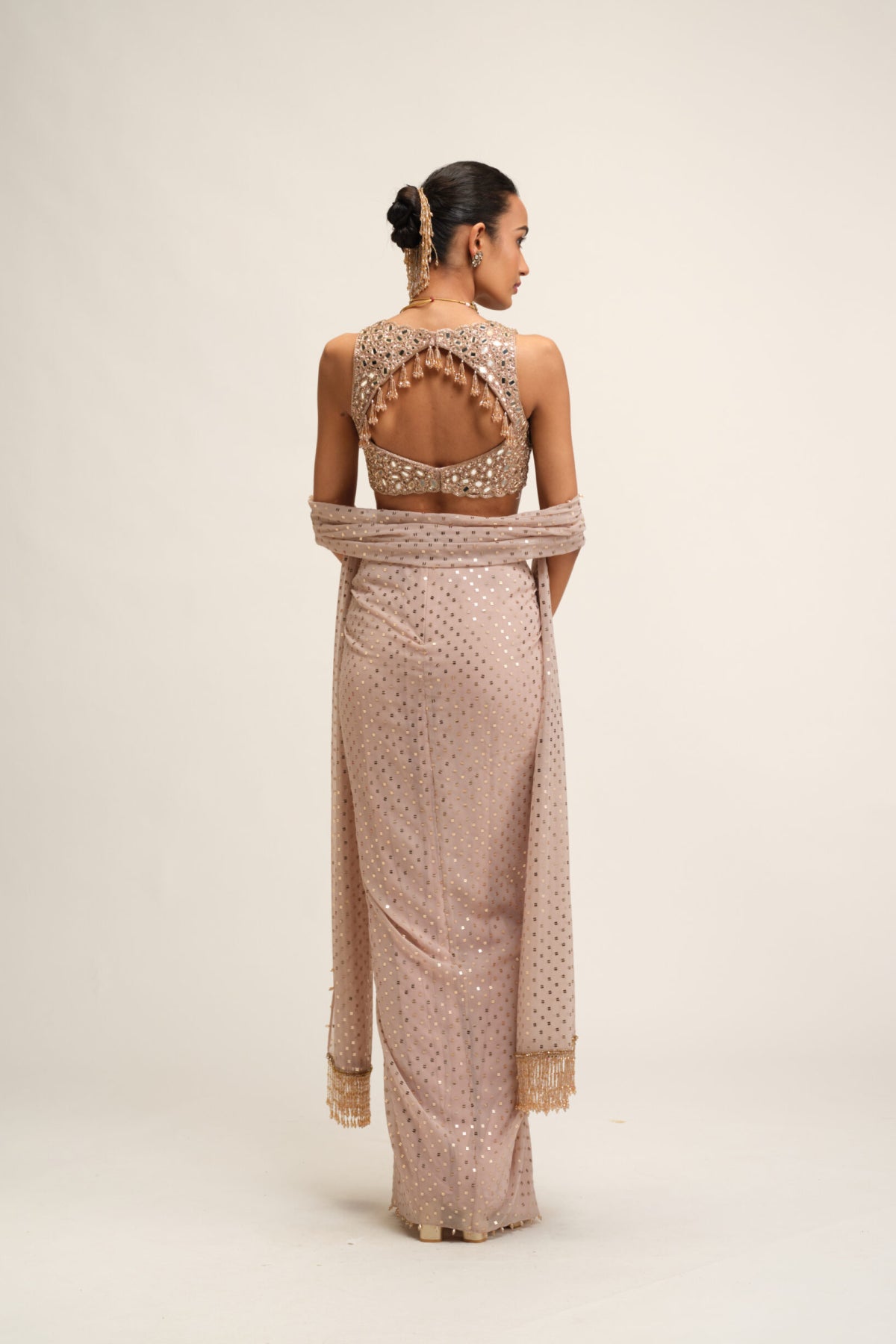 Ash Pink Draped Skirt With V Neck Blouse Set