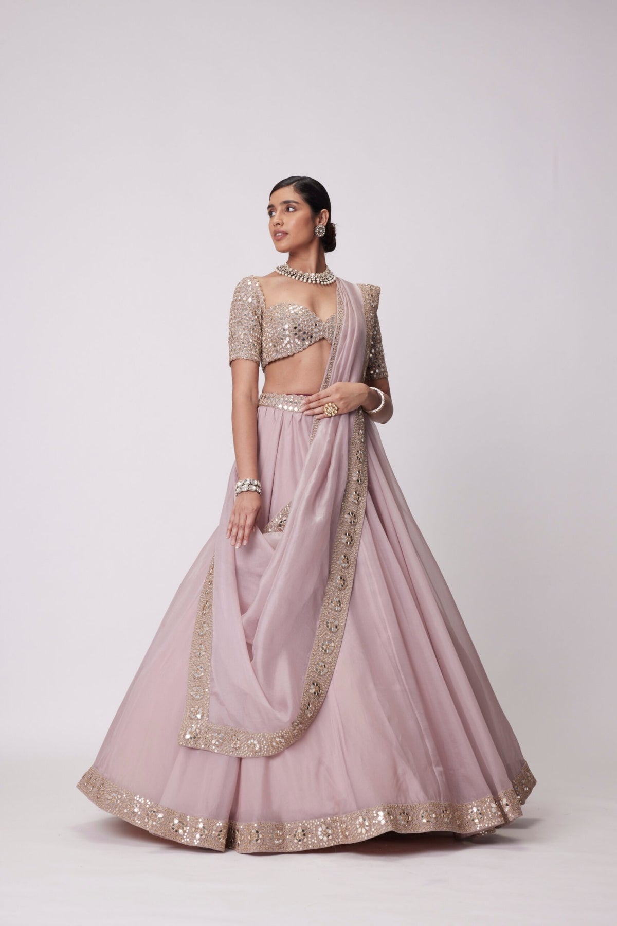 Ash Pink flower Border Organza Lehenga Set- Ready to ship