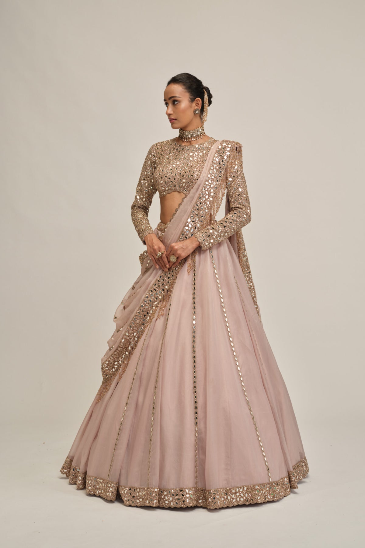 Ash Pink Full Sleeve Lehenga Set