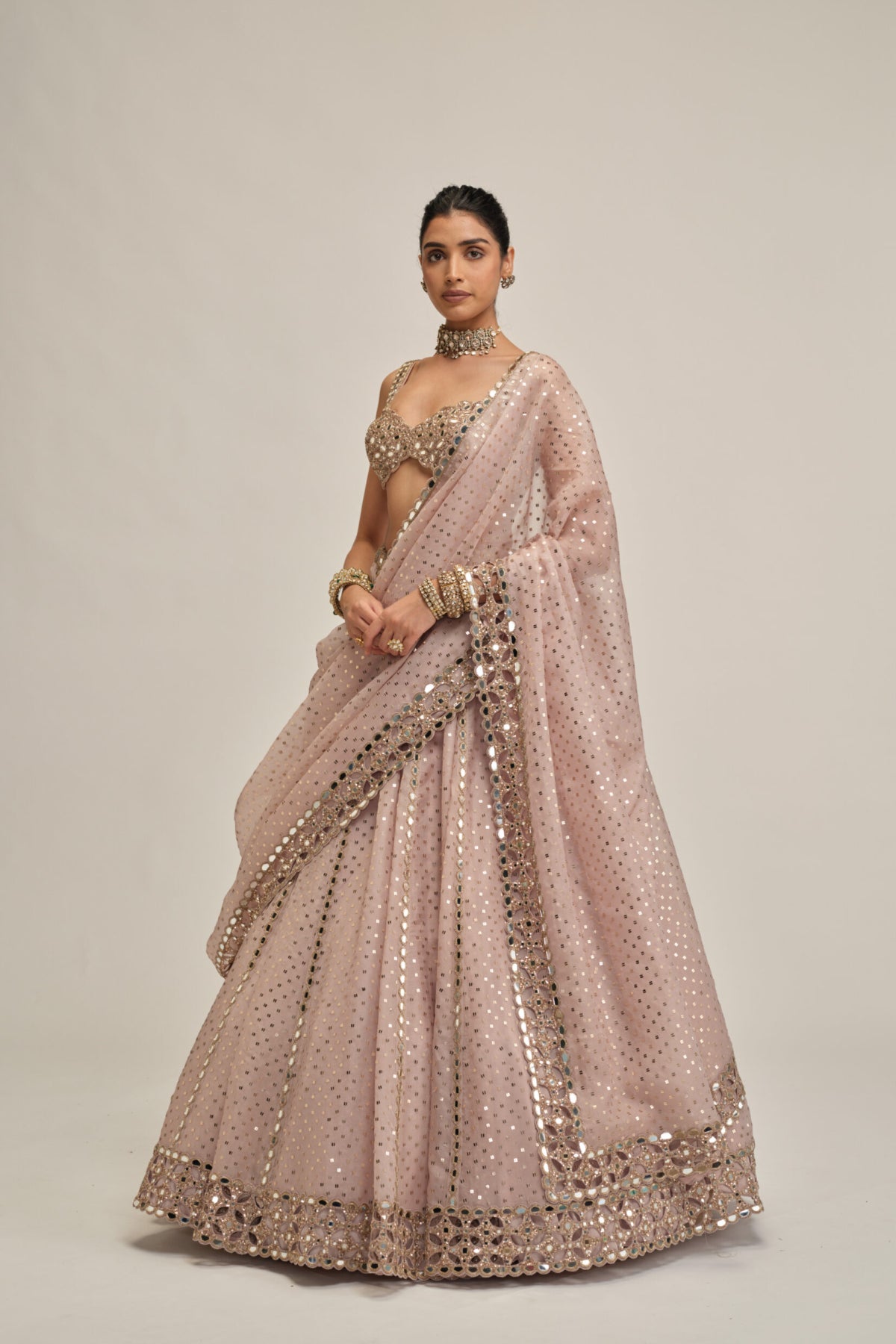 Ash Pink Linear Mirror Sequins Embroidered Lehenga Set