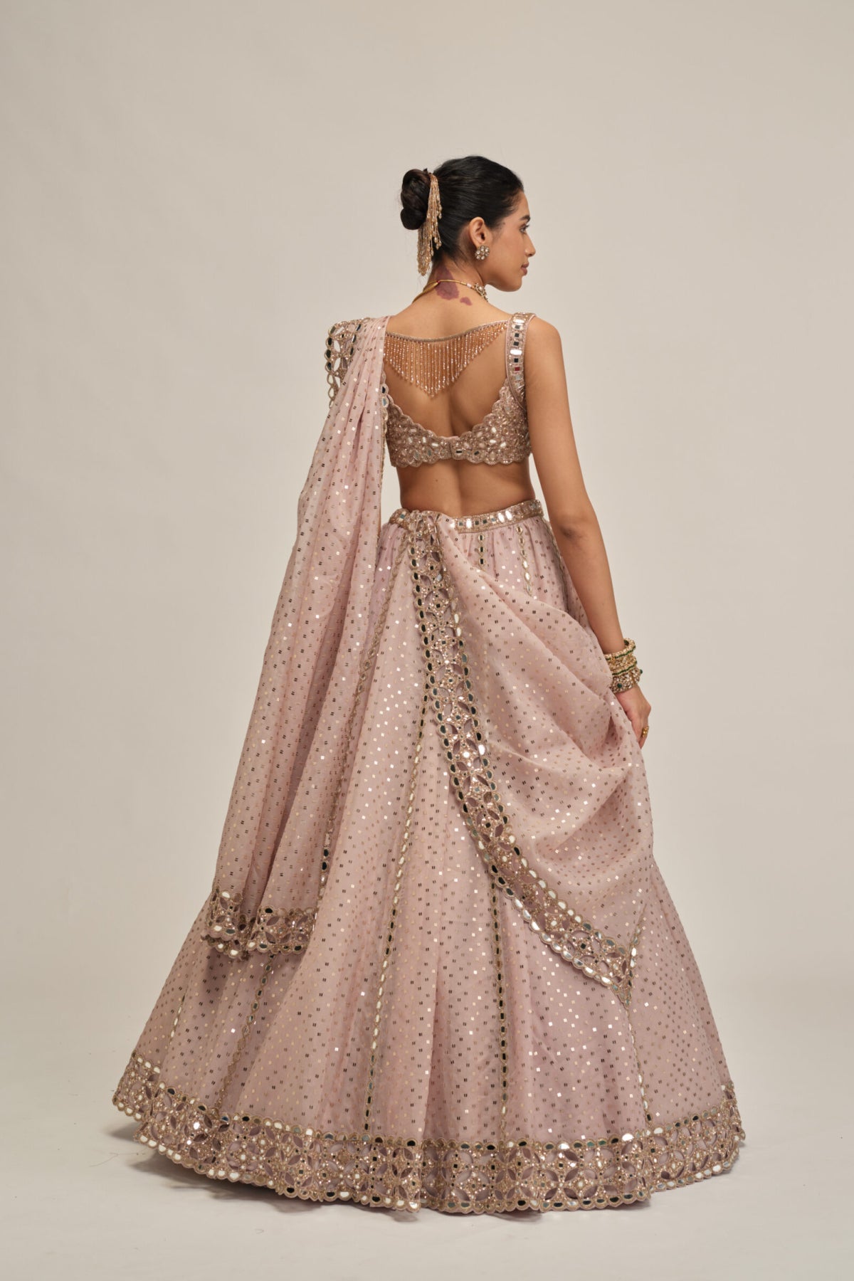 Ash Pink Linear Mirror Sequins Embroidered Lehenga Set