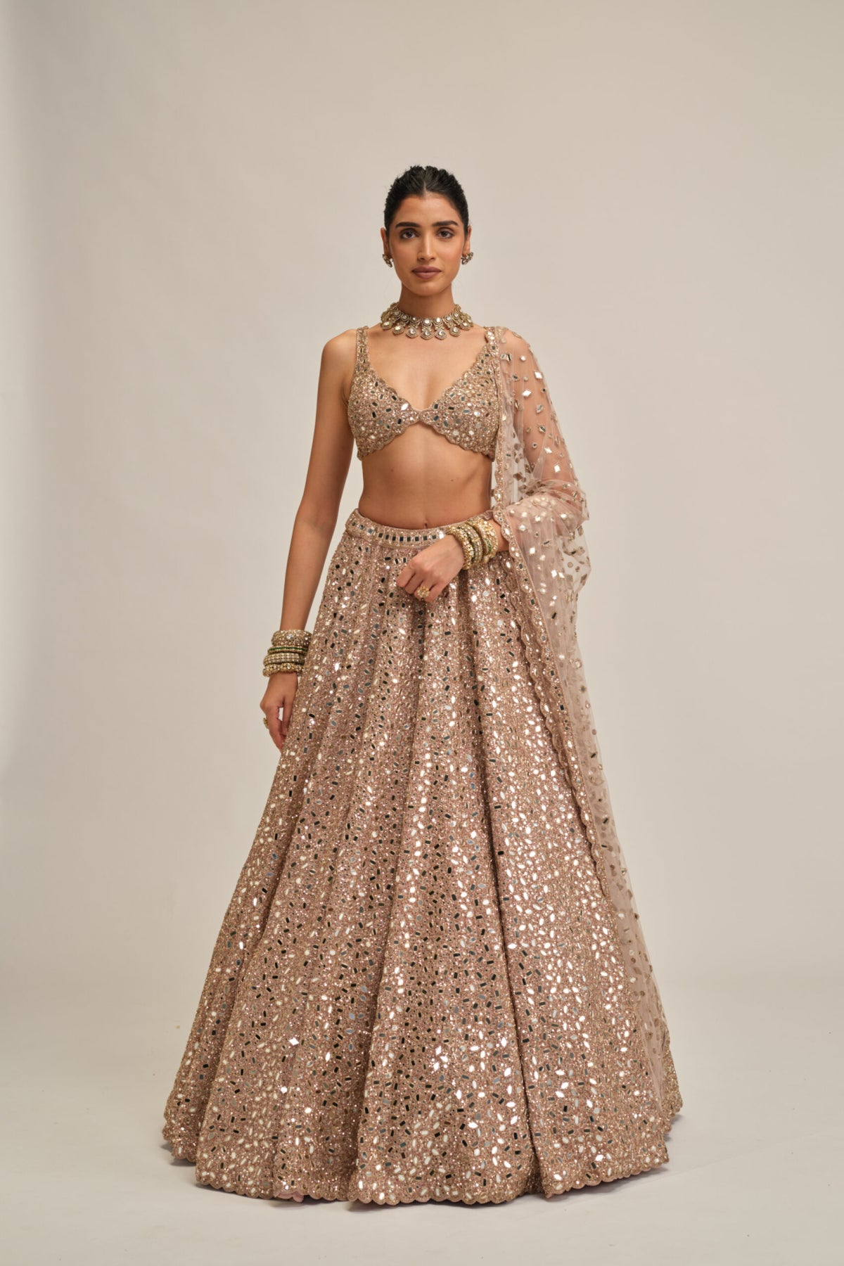 Ash Pink Mirror Embroidered Lehenga Set