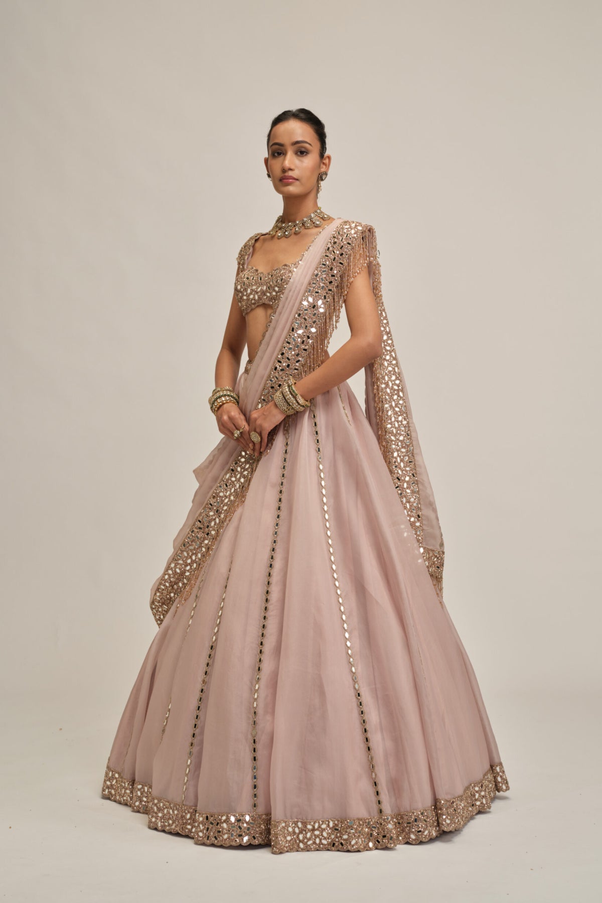 Ash Pink Mirror Linear Embroidered Lehenga Set