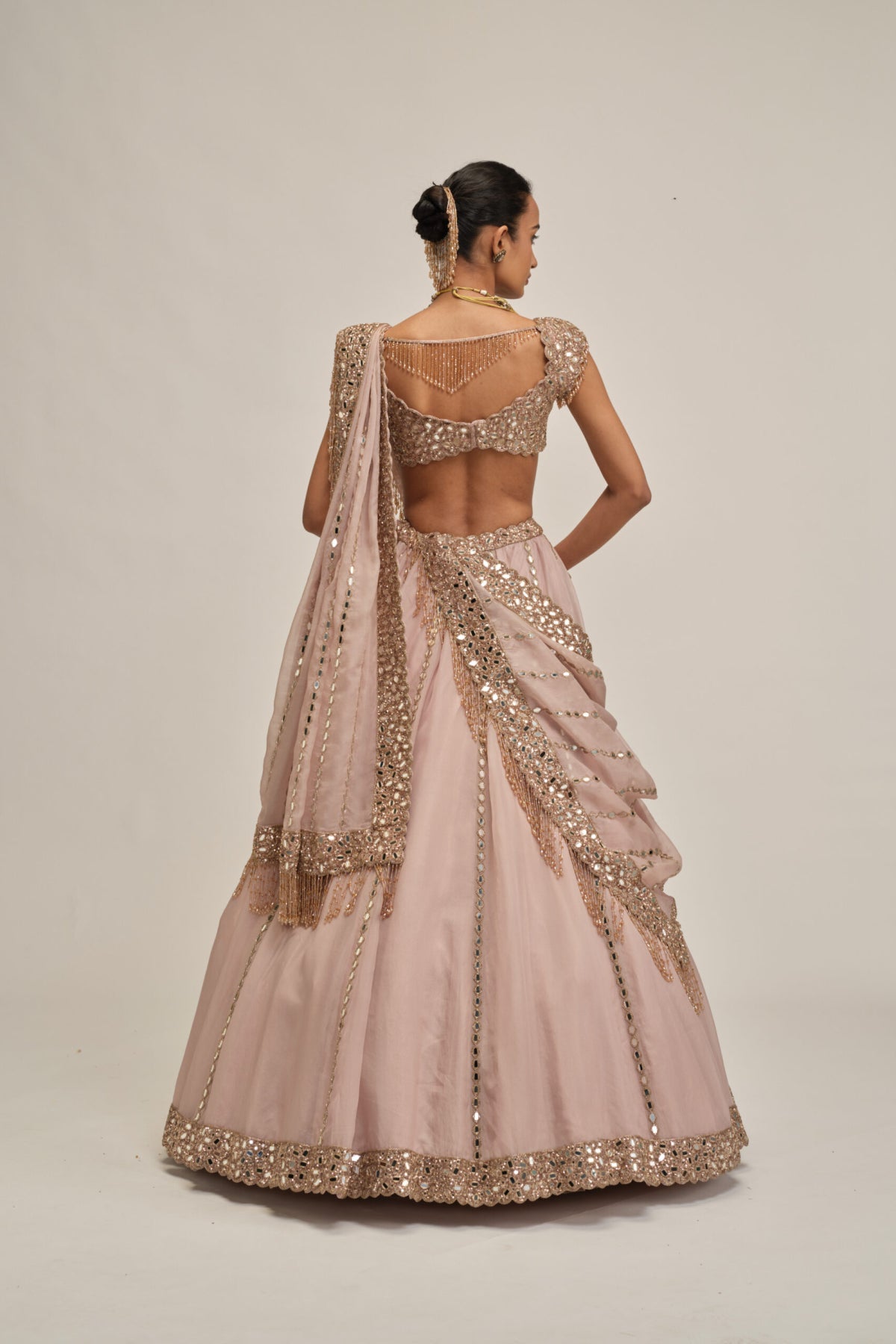 Ash Pink Mirror Linear Embroidered Lehenga Set