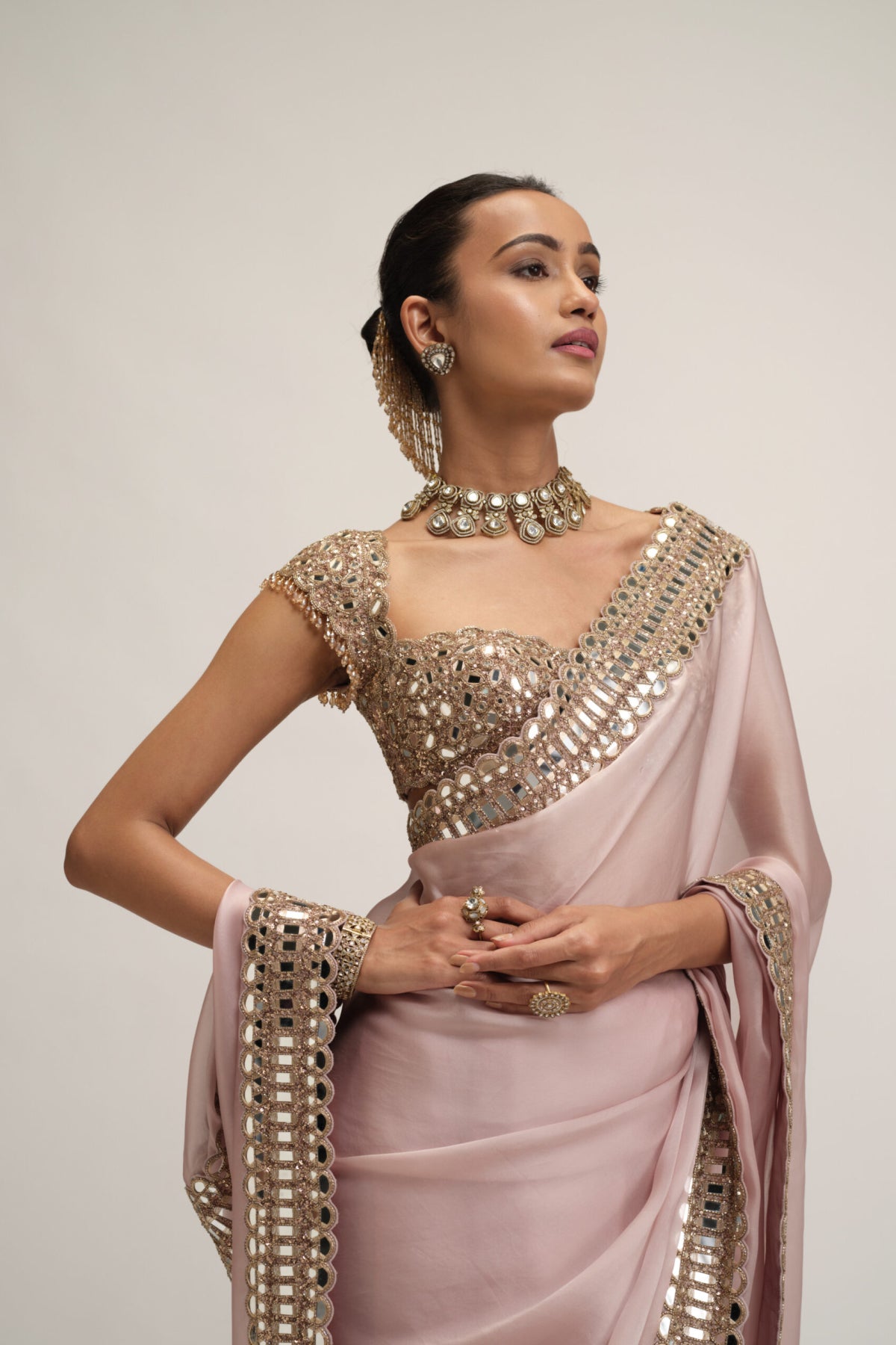 Ash Pink Satin Organza Saree Set