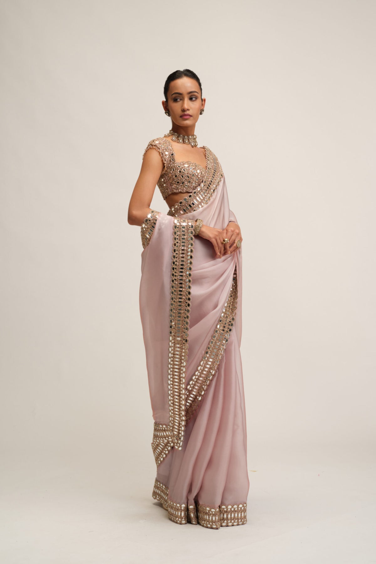 Ash Pink Satin Organza Saree Set