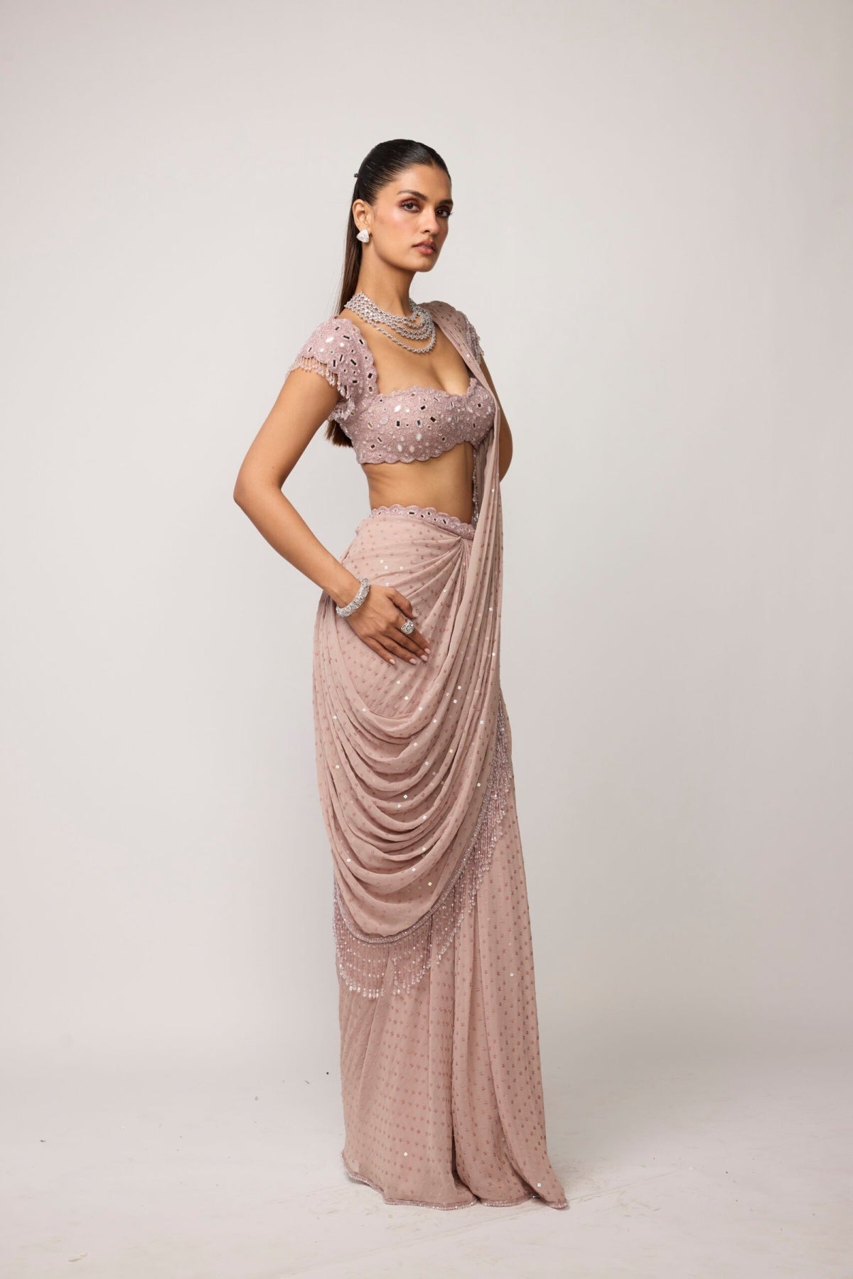 Ash Pink Sequins Embroidered Draped Saree Set