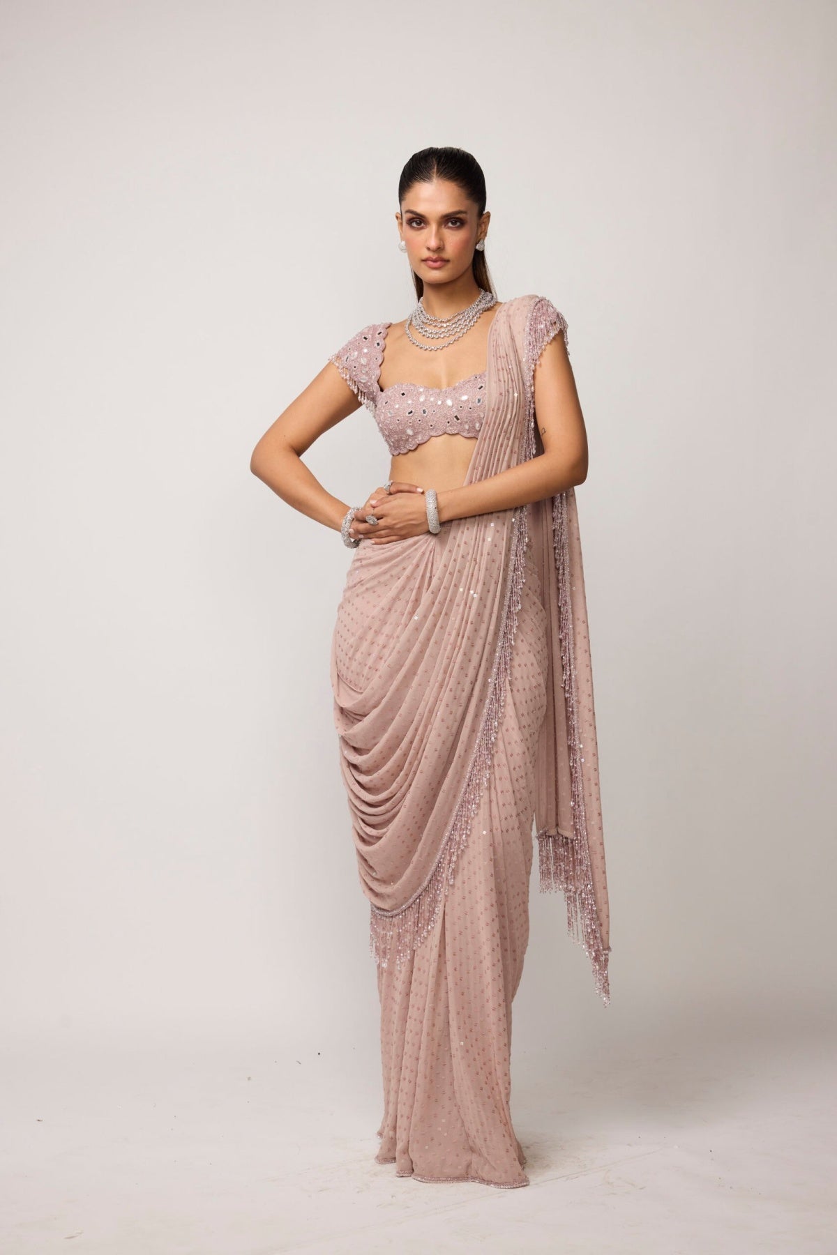 Ash Pink Sequins Embroidered Draped Saree Set