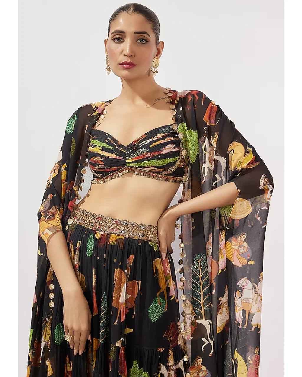 Block Flowy Mughal Printed Cape and Skirt Set