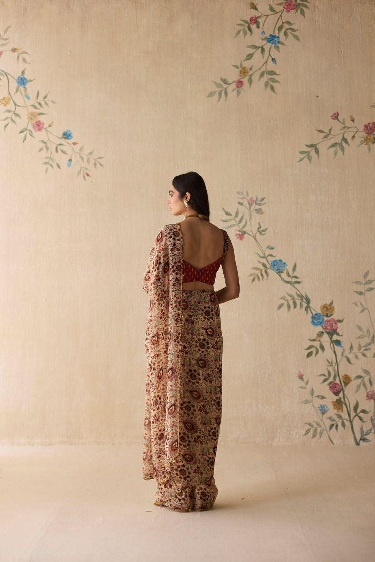 Cream & Red Saree - Ready To Ship