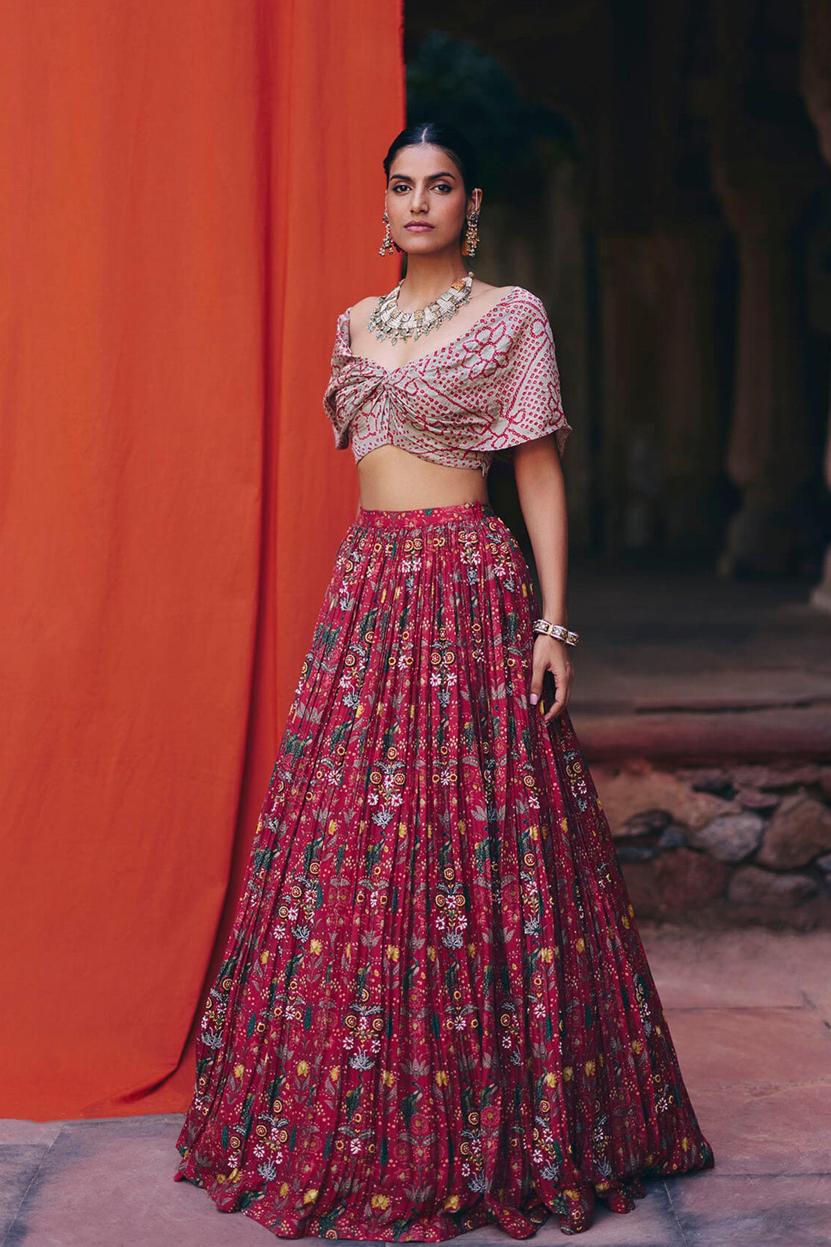 Bandhani off shoulder lehenga