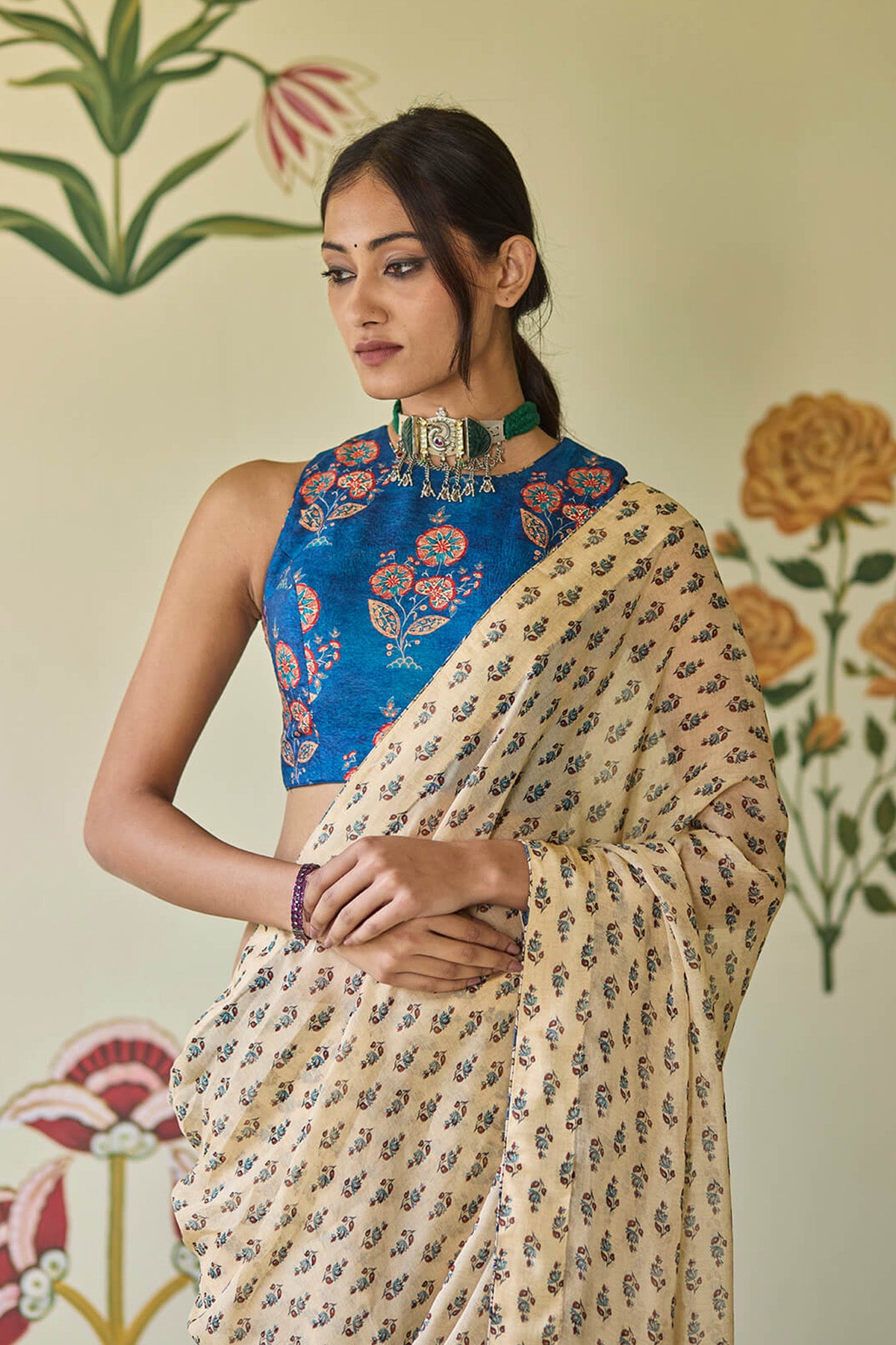 Beige & Blue Saree