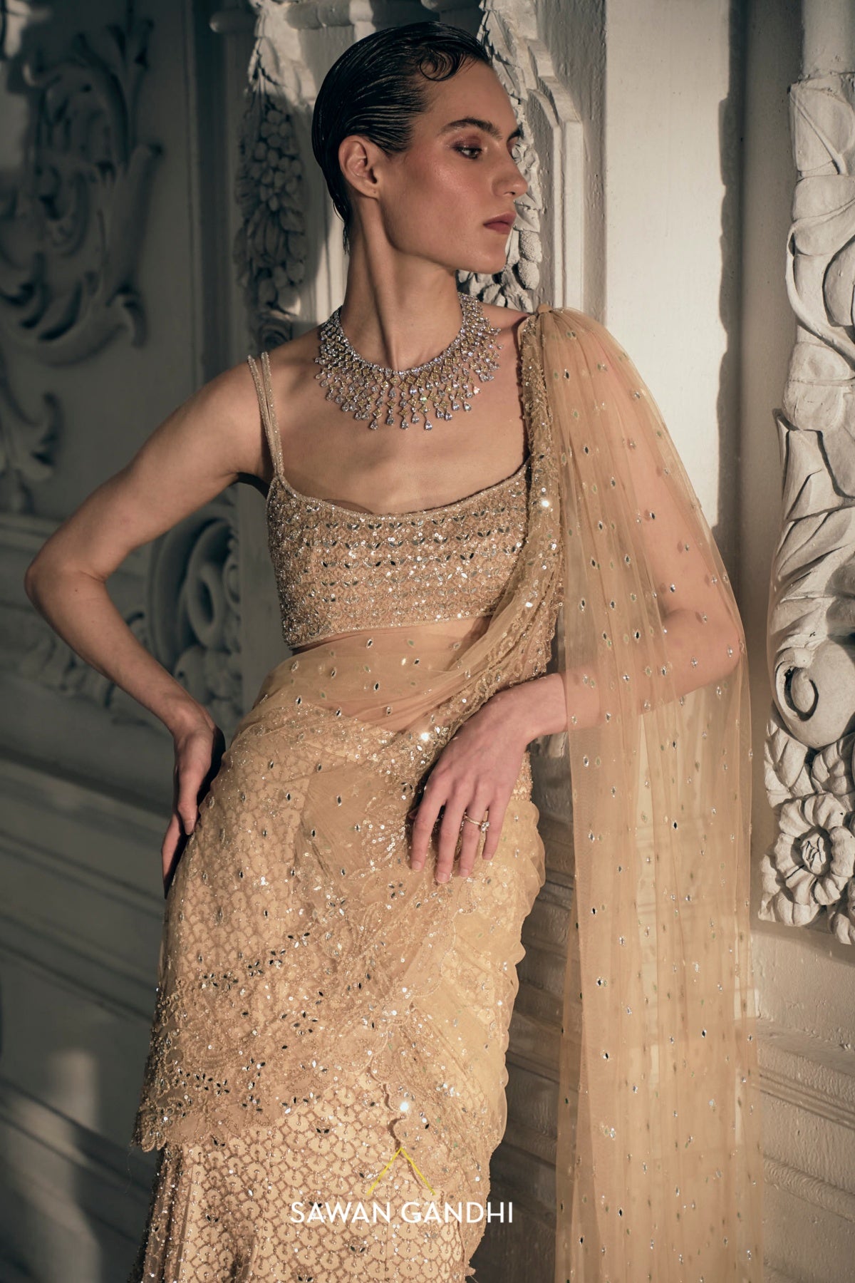 Beige Gold fishcut drape saree
