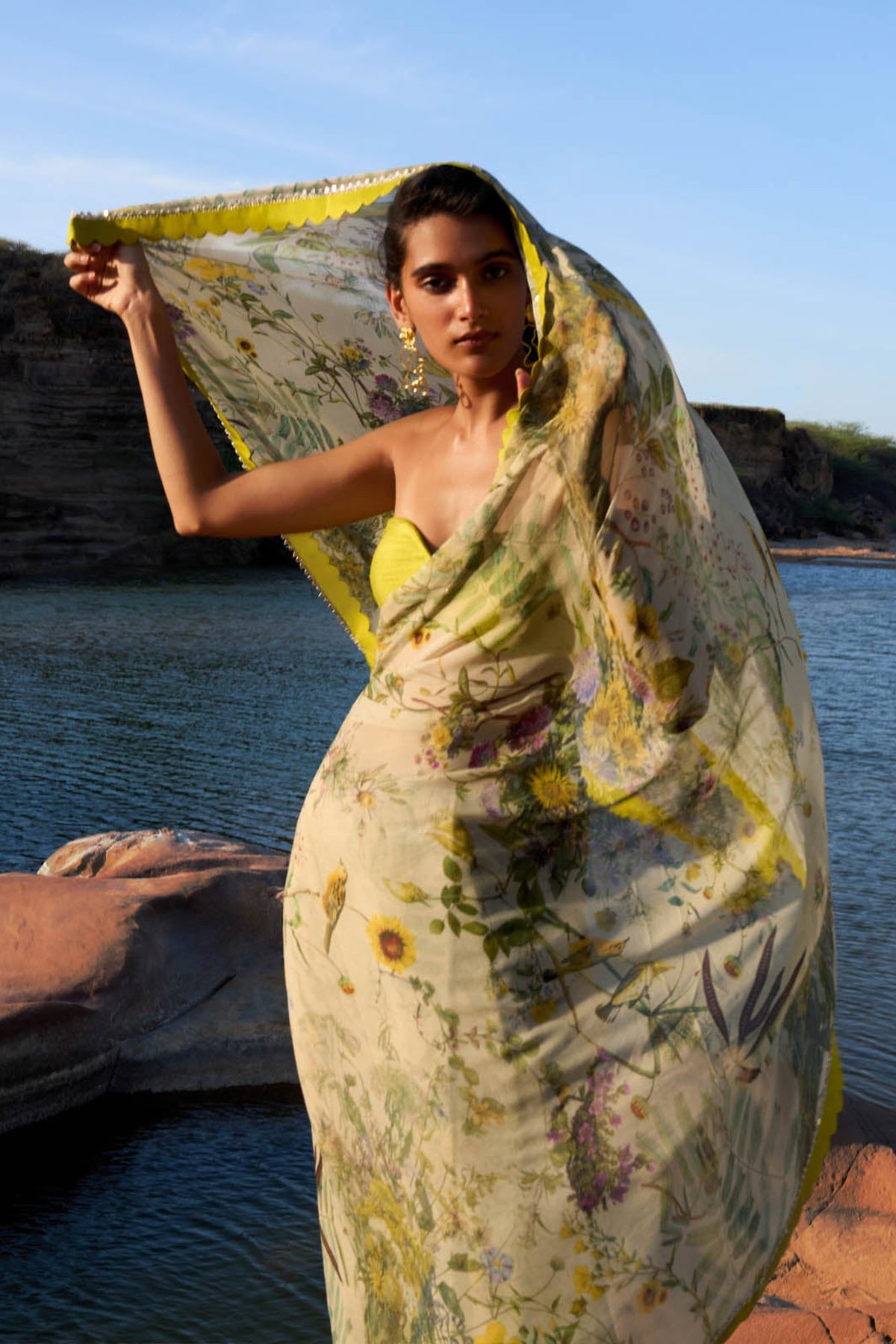 Beige Printed Scallop Border Saree Set